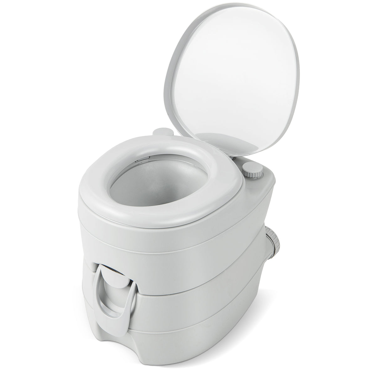 A grey portable toilet with the lid and seat raised, showing the bowl