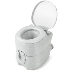 A grey portable toilet with the lid and seat raised, showing the bowl