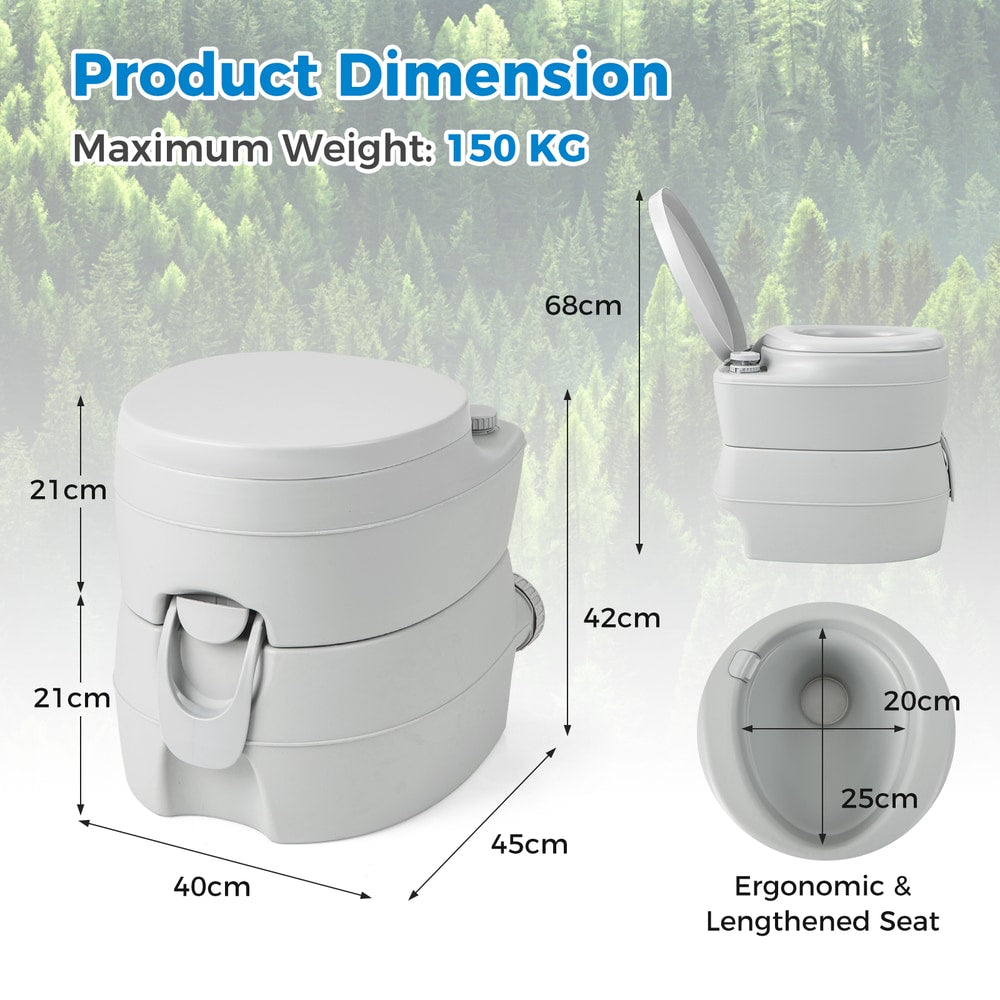 A diagram showing the dimensions of the portable toilet, including height and width
