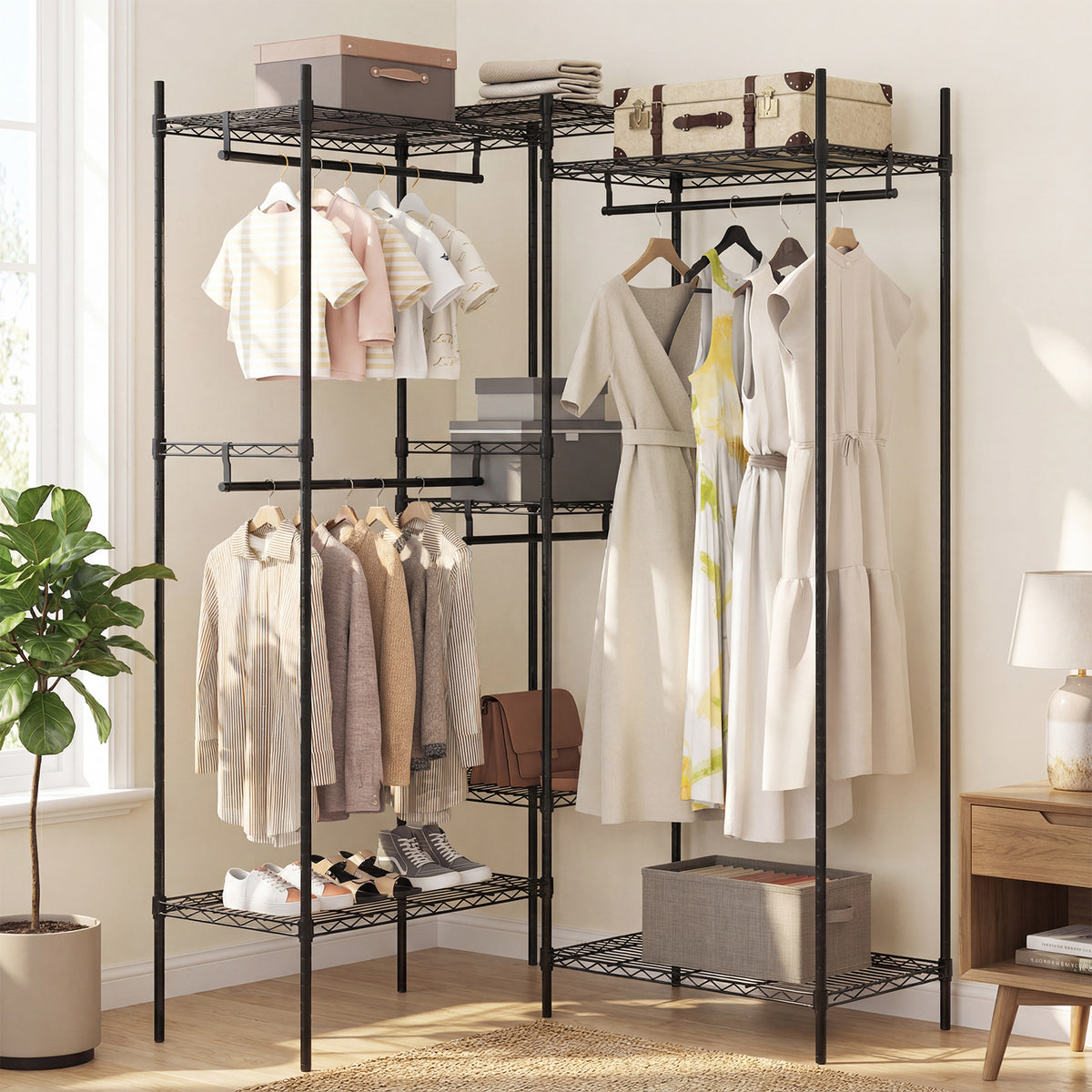 Portable Wardrobe Convertible Clothes Organizer with L-shape and Horizontal Installation-Black
