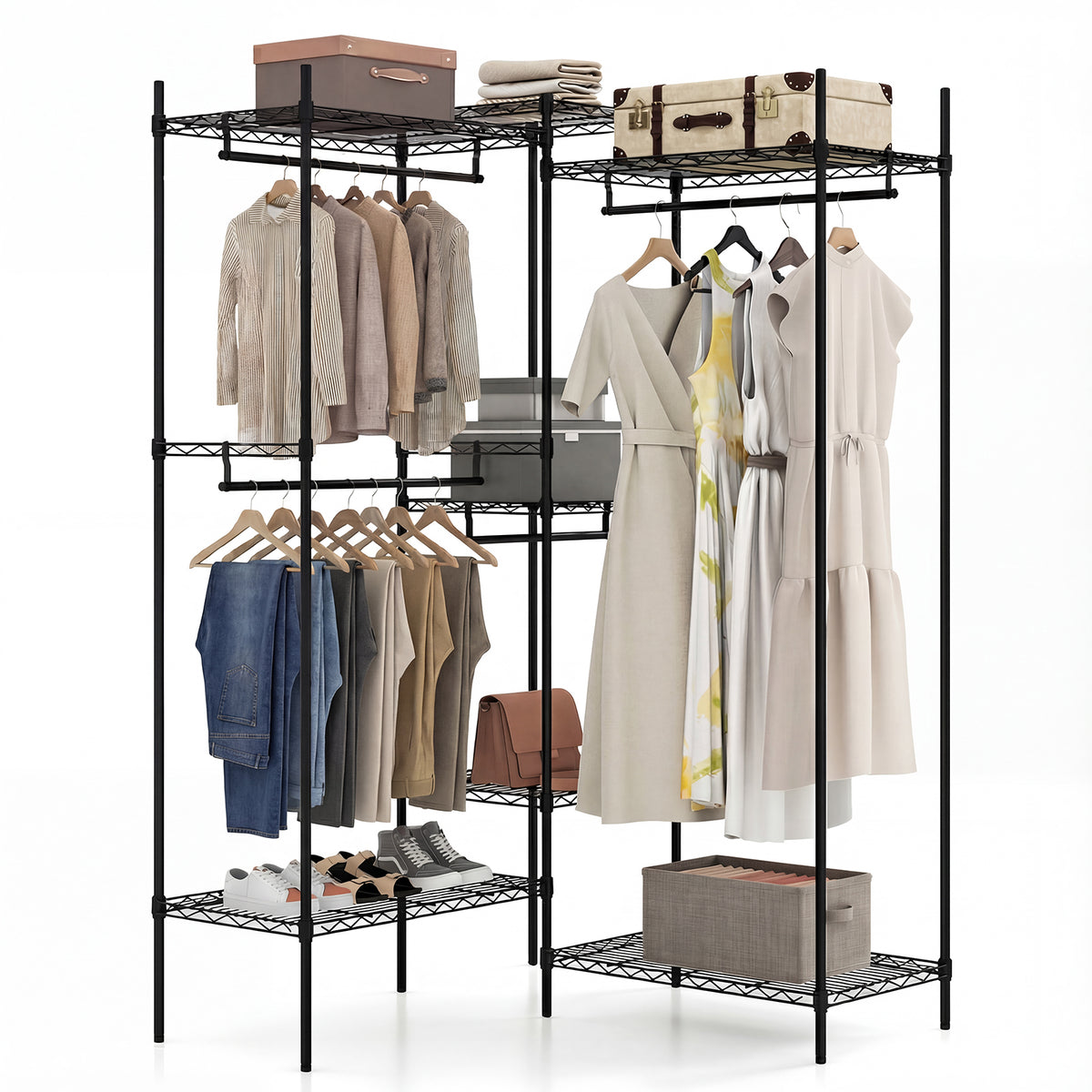 Portable Wardrobe Convertible Clothes Organizer with L-shape and Horizontal Installation-Black