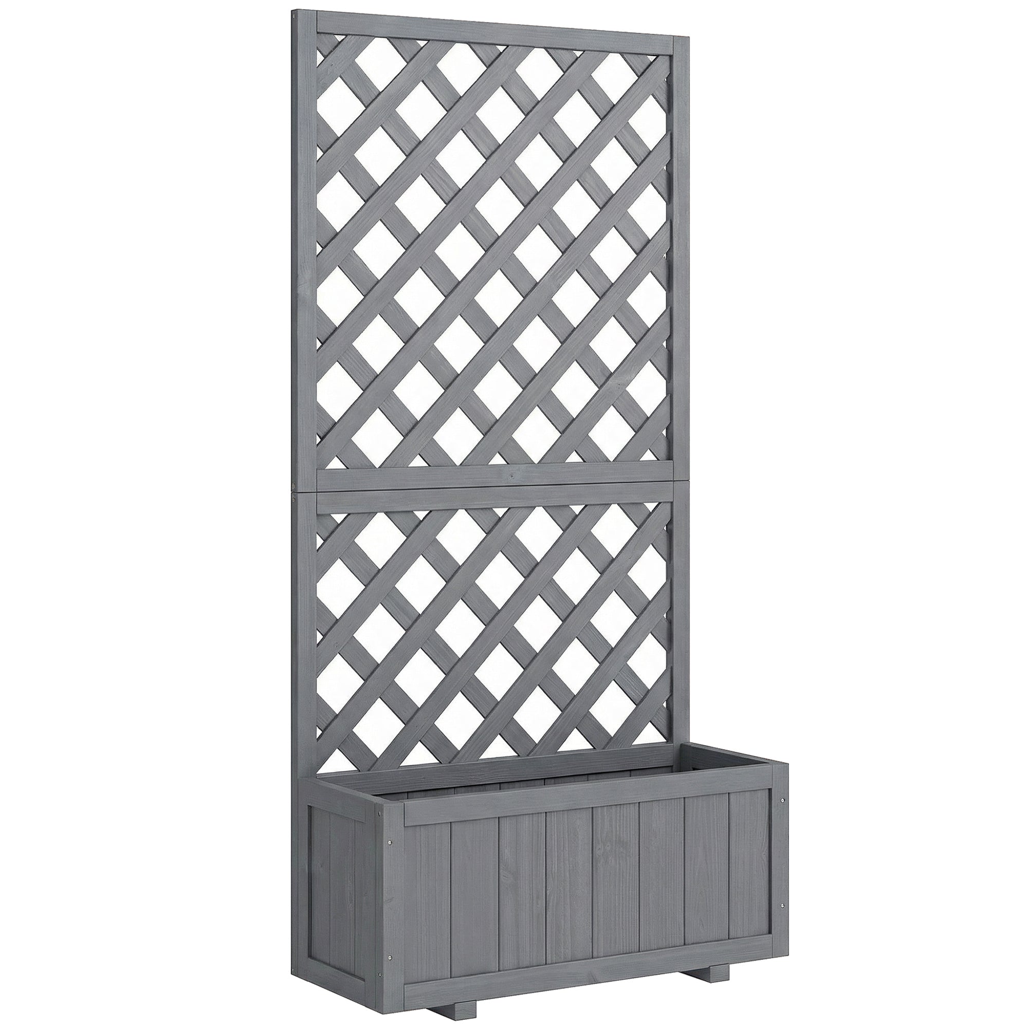 Outsunny Wood Planter with Trellis for Climbing Plants, Raised Bed, Planter Box with Drainage Holes to Grow Herbs Flowers, Grey