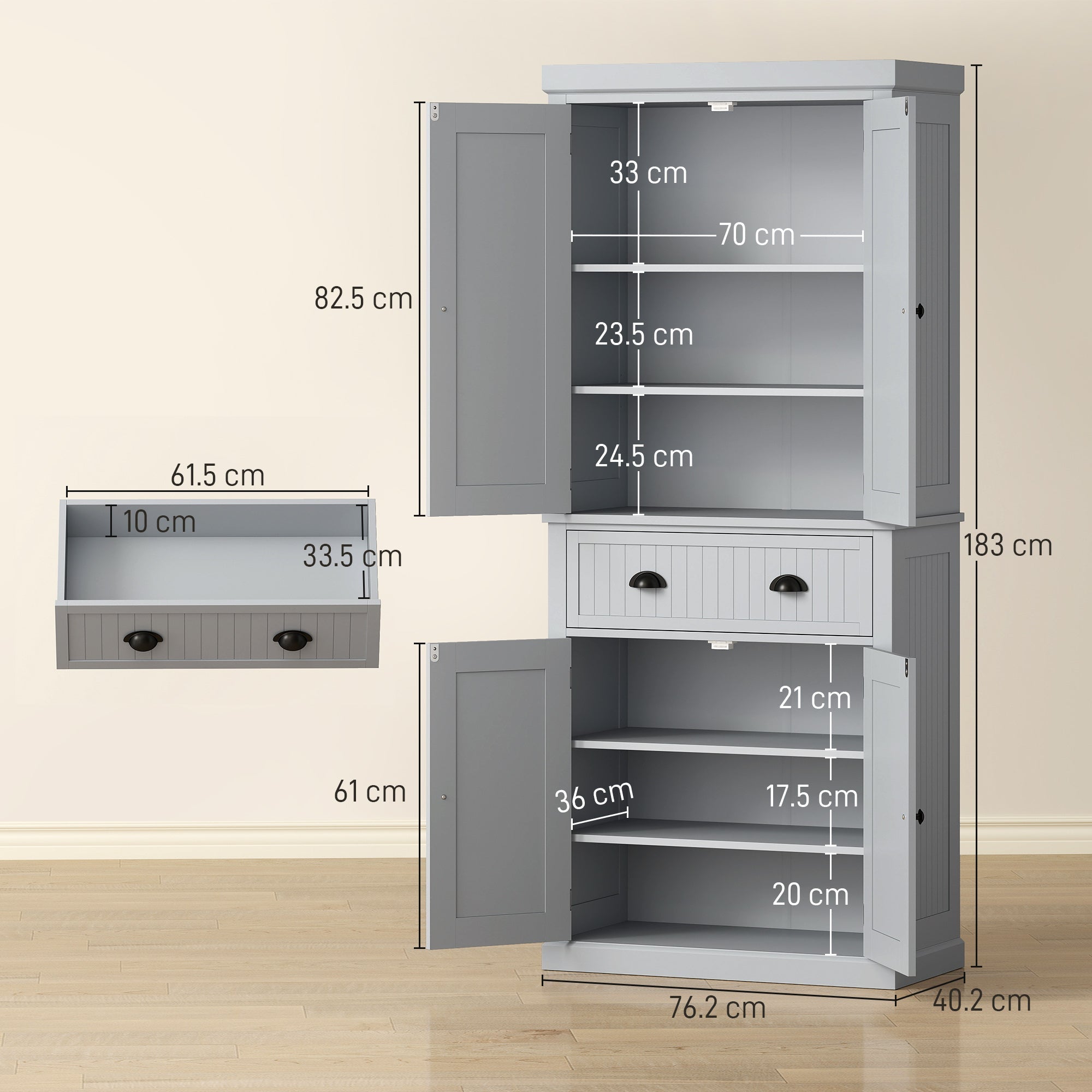 HOMCOM Multi-Storage Mid-Century Kitchen Cabinet - Grey