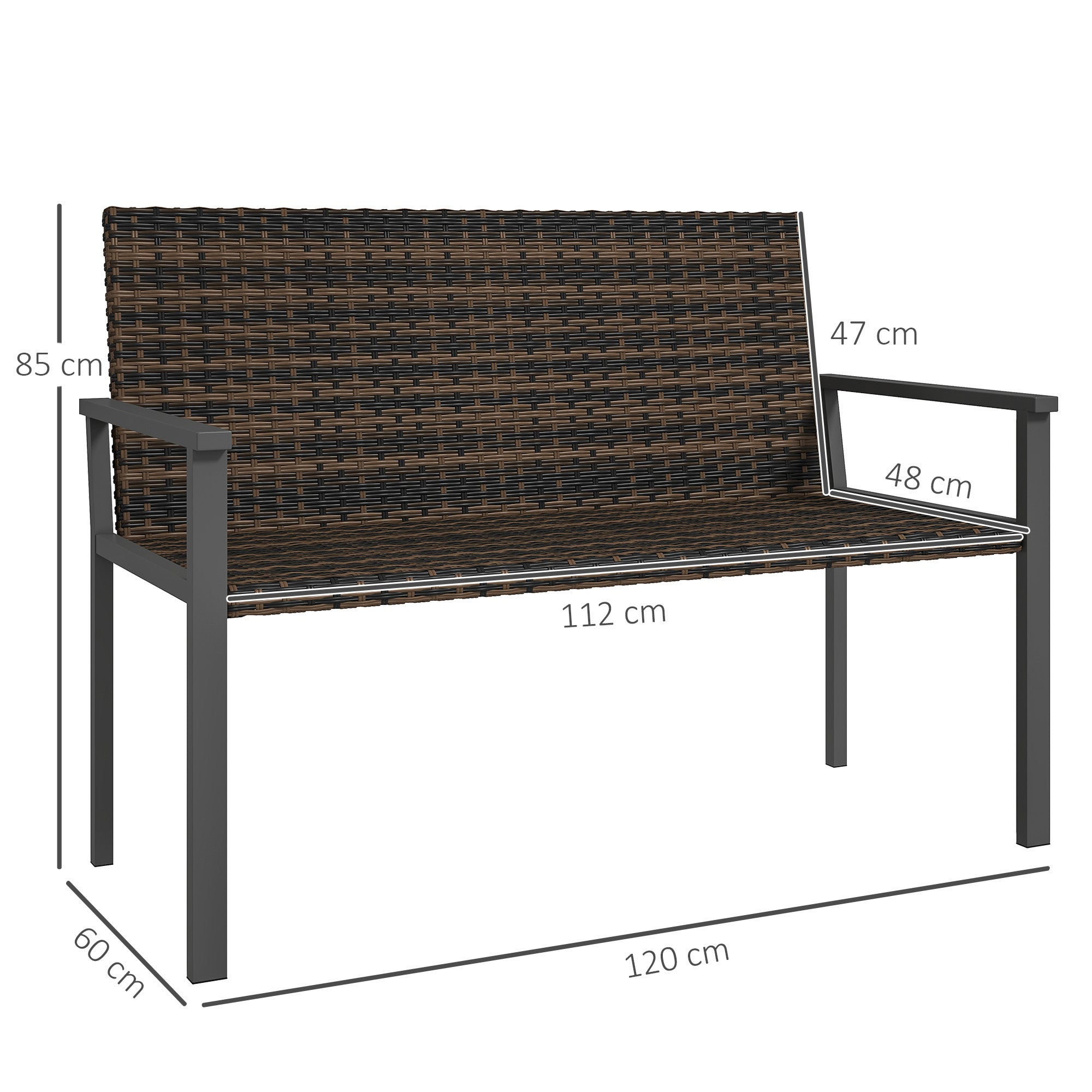Outsunny 2 Seater Rattan Garden Bench, Outdoor Bench with Quick-Drying Cotton Padding, Wicker Garden Loveseat with Armrests, Steel Frame for Patio, Park, Mixed Brown