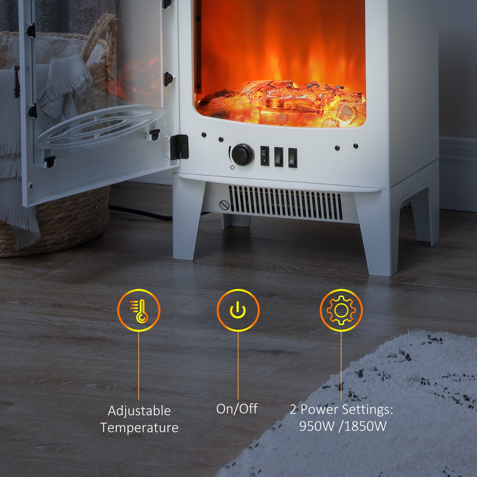 HOMCOM Tempered Glass Casing Electric Fireplace, Freestanding Electric Fire with Realistic Flame Effect, Log Burner with Overheat Protection, 1000w/ 2000W, White