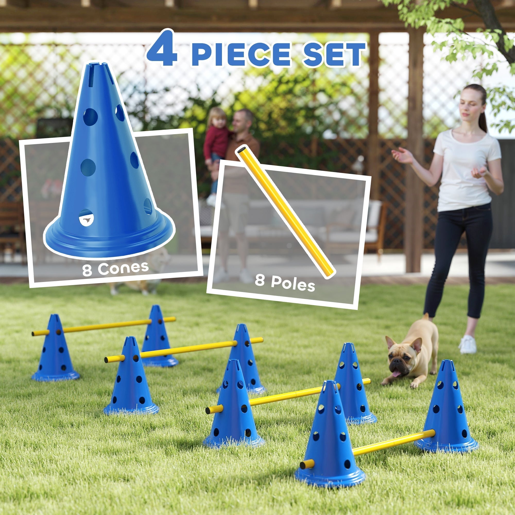 PawHut Dog Agility Equipment Set of Eight Cones, Eight Poles w/ Carry Bag, Four-Piece Adjustable Height Jumping Obstacles Blue