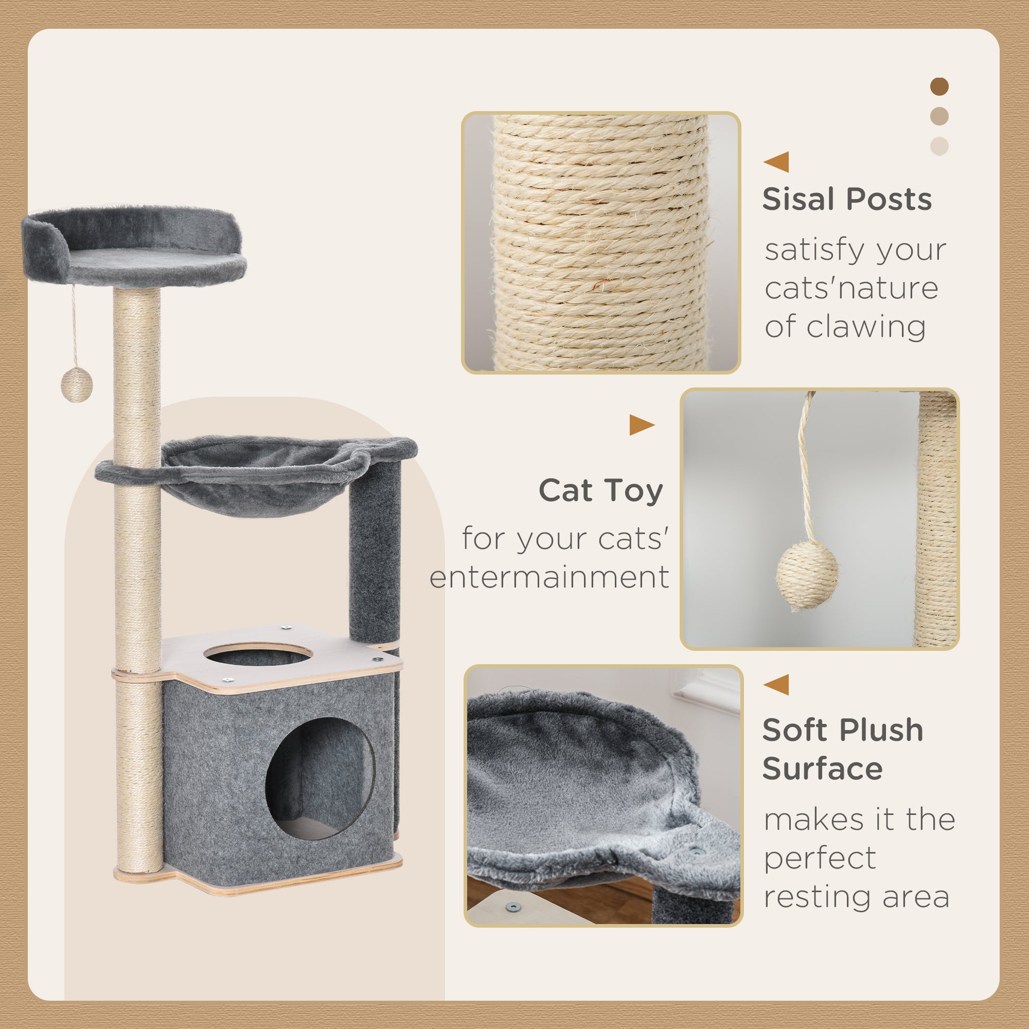 PawHut Cat Tree for Indoor Cats 95cm Climbing Tower Kitten Activity Center with Sisal Scratching Post Perch Roomy Condo Hammock Removable Felt Hanging Toy, Grey