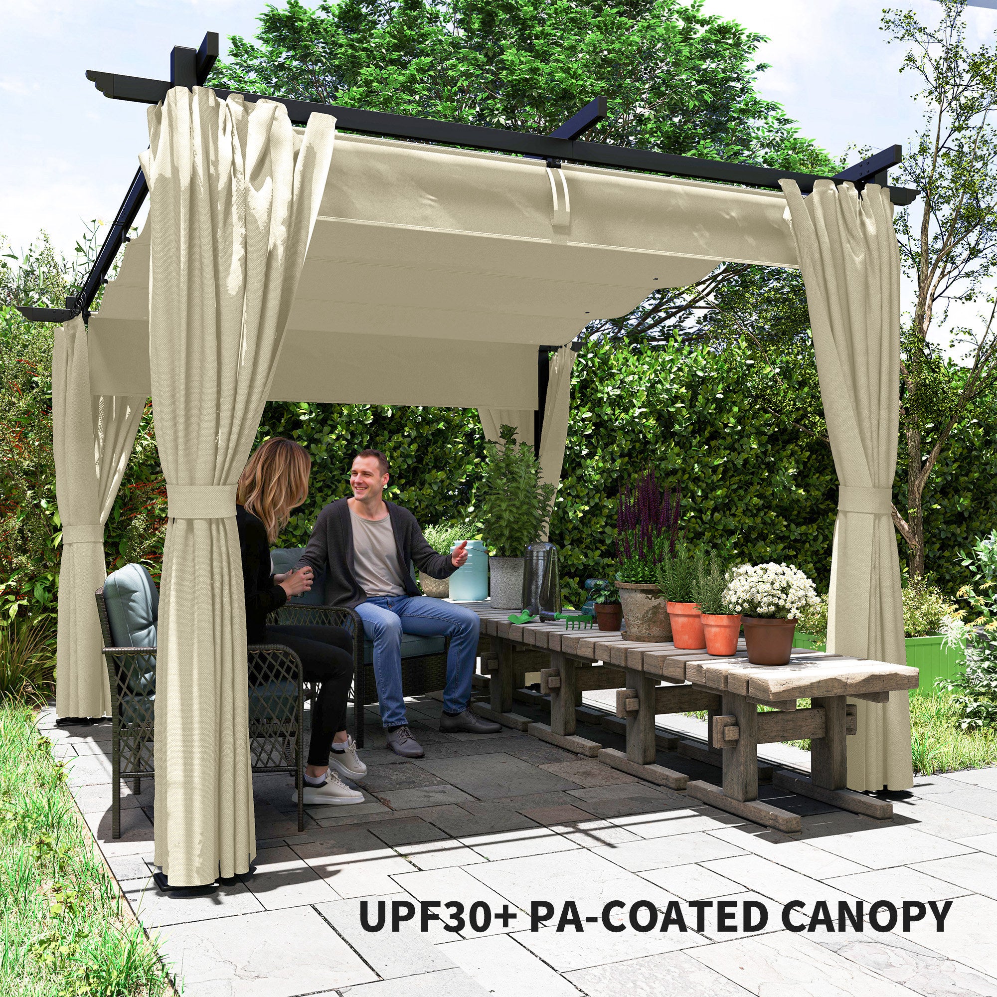 Outsunny 3 x 3 m Retractable Roof Pergola, with Curtains - Beige