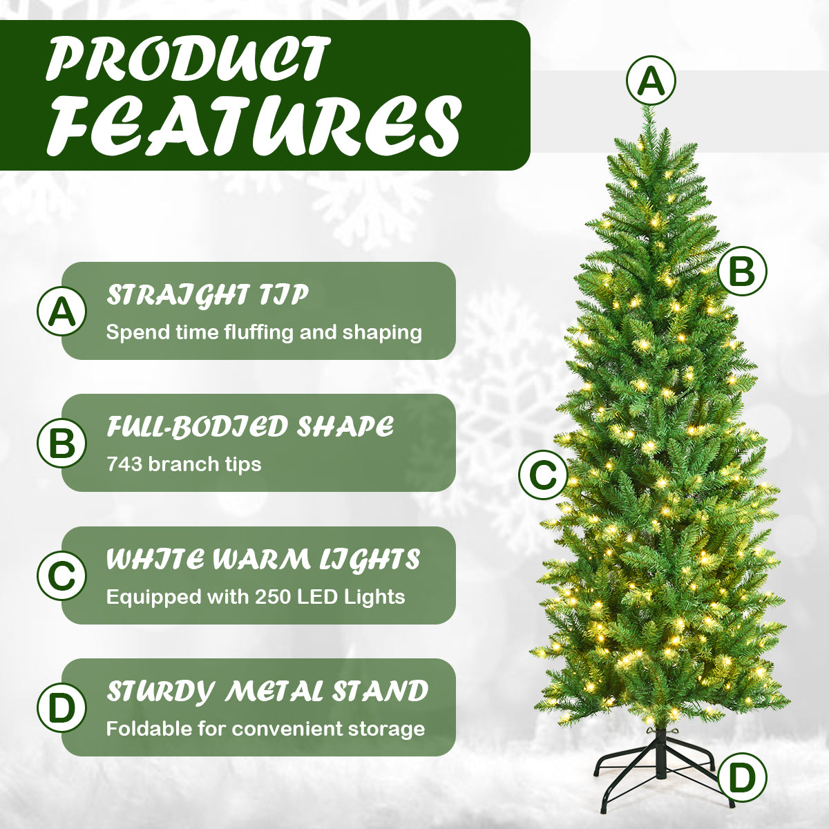 Pre-lit Artificial Pencil Christmas Tree with Warm White UL-listed Lights-6FT