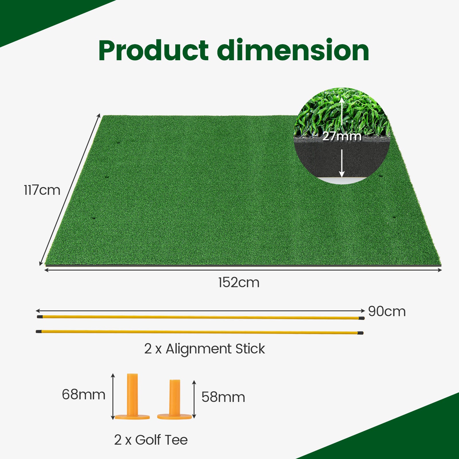 Premium Golf Practice Hitting Mat 3-In-1 with Synthetic Grass Turf-27 mm