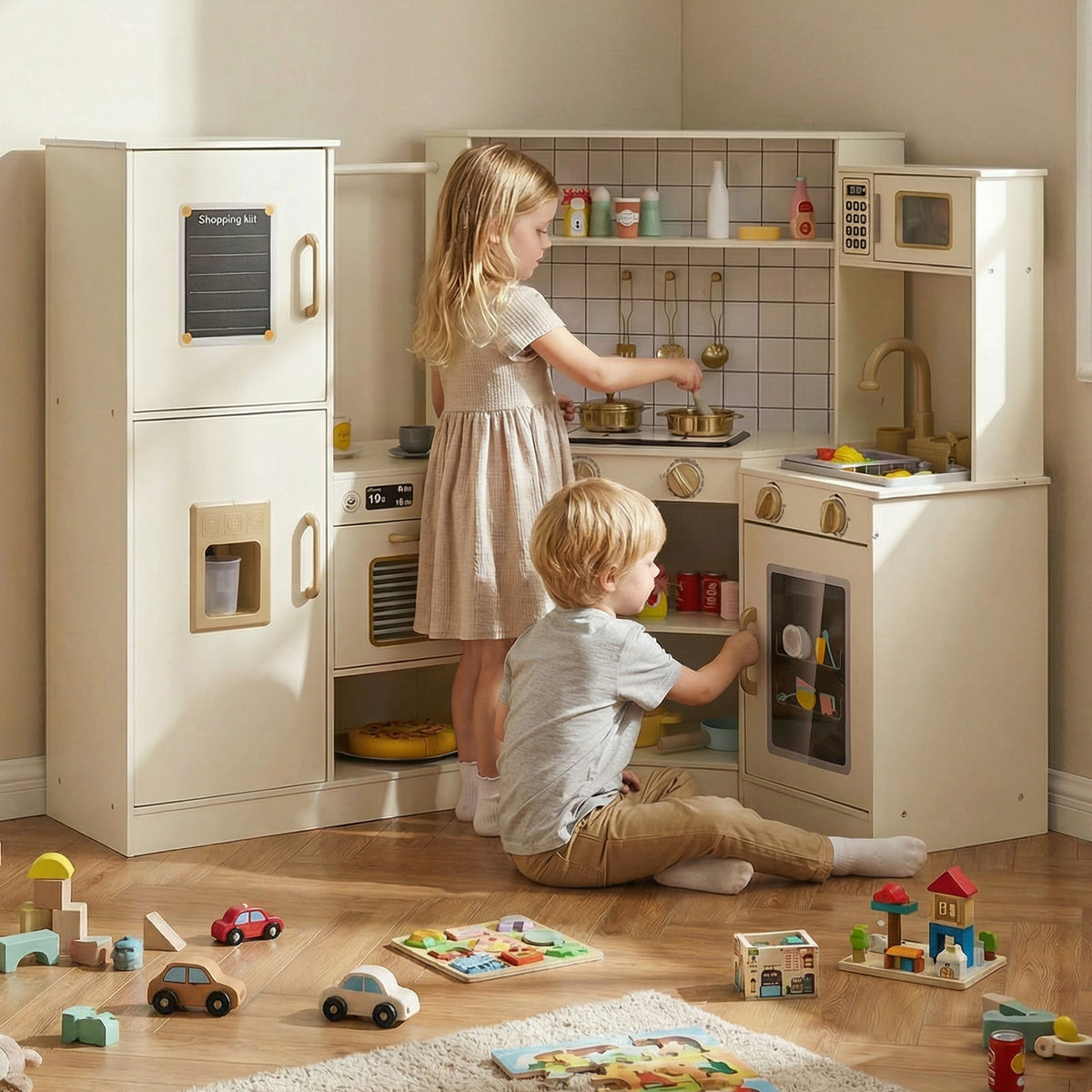 Pretend Play Corner Kitchen Set with Ice Dispenser Stoves for Boys Girls 3+-Beige