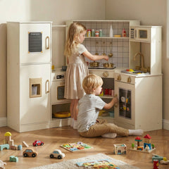 Pretend Play Corner Kitchen Set with Ice Dispenser Stoves for Boys Girls 3+-Beige