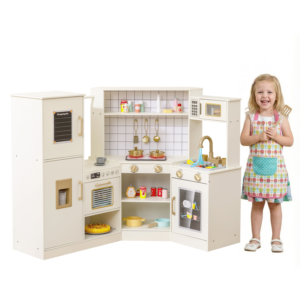 Pretend Play Corner Kitchen Set with Ice Dispenser Stoves for Boys Girls 3+-Beige