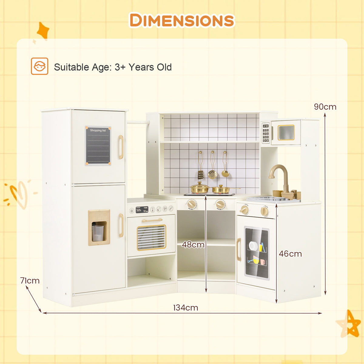 Pretend Play Corner Kitchen Set with Ice Dispenser Stoves for Boys Girls 3+-Beige