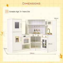 Pretend Play Corner Kitchen Set with Ice Dispenser Stoves for Boys Girls 3+-Beige