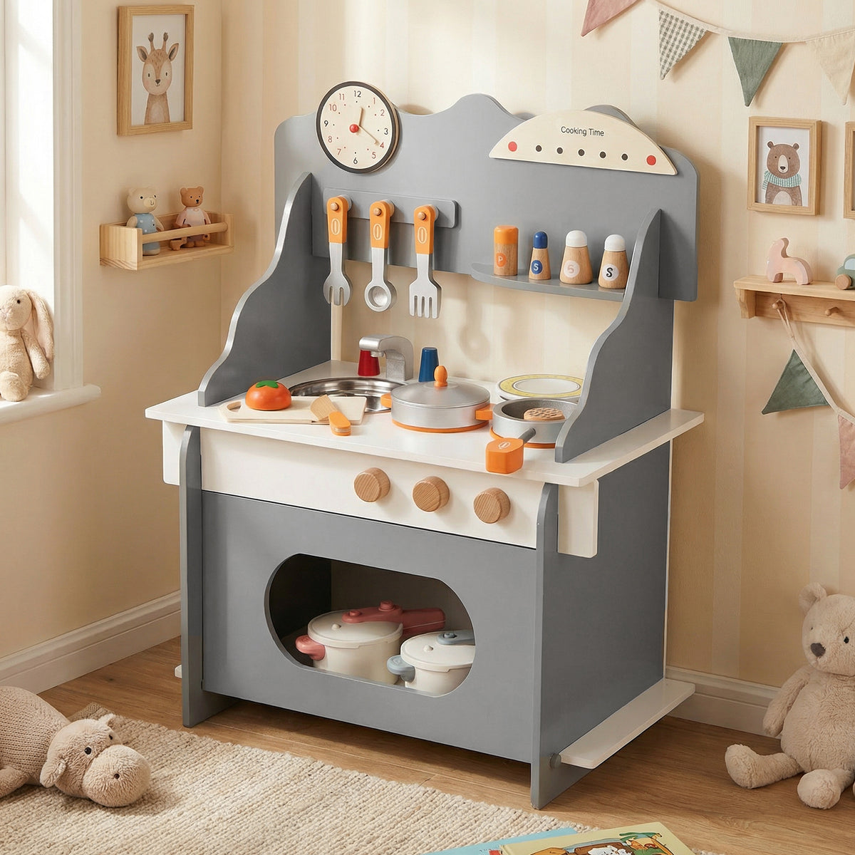 Pretend Play Toy Kitchen Set with Clock Stove Spice Rack for Aged 3+-Grey