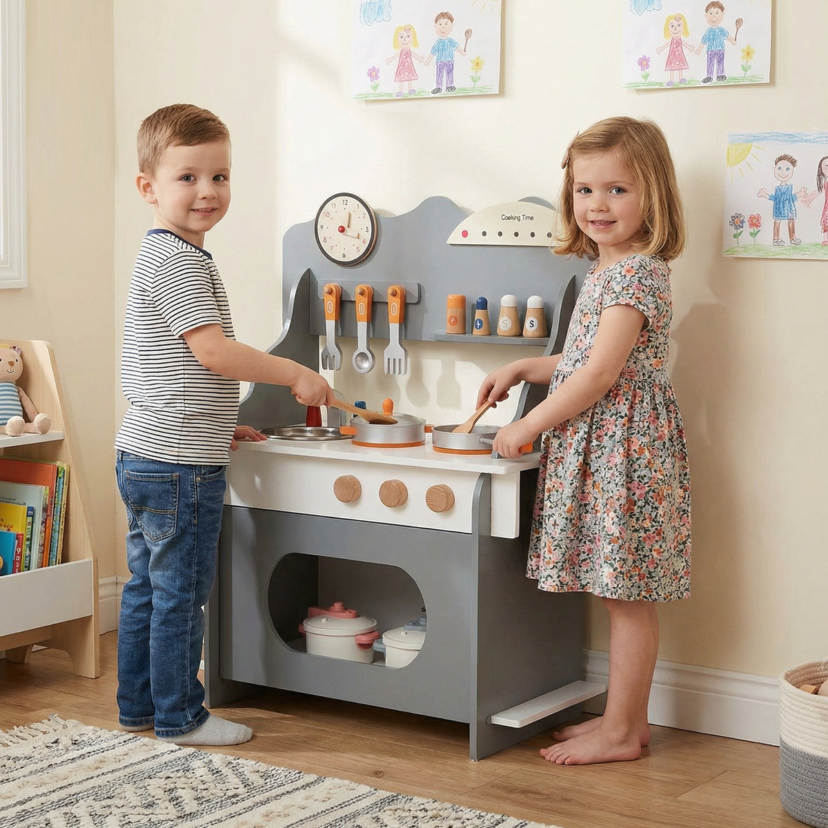 Pretend Play Toy Kitchen Set with Clock Stove Spice Rack for Aged 3+-Grey