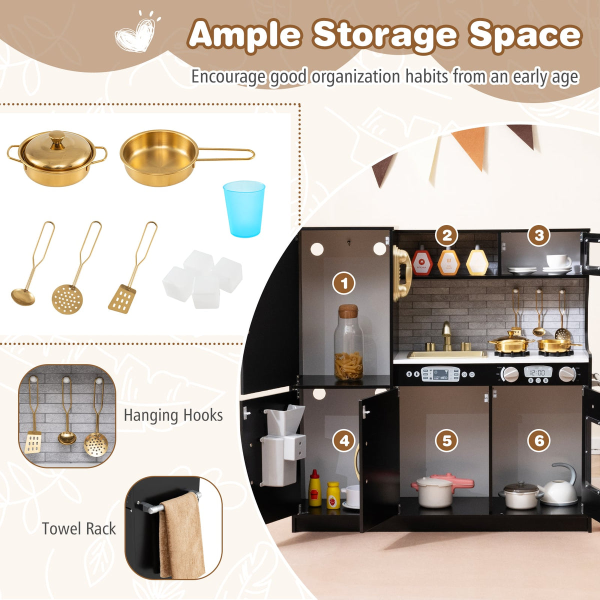 Toddler Pretend Kitchen Playset with Accessories and Simulated Sounds-Black