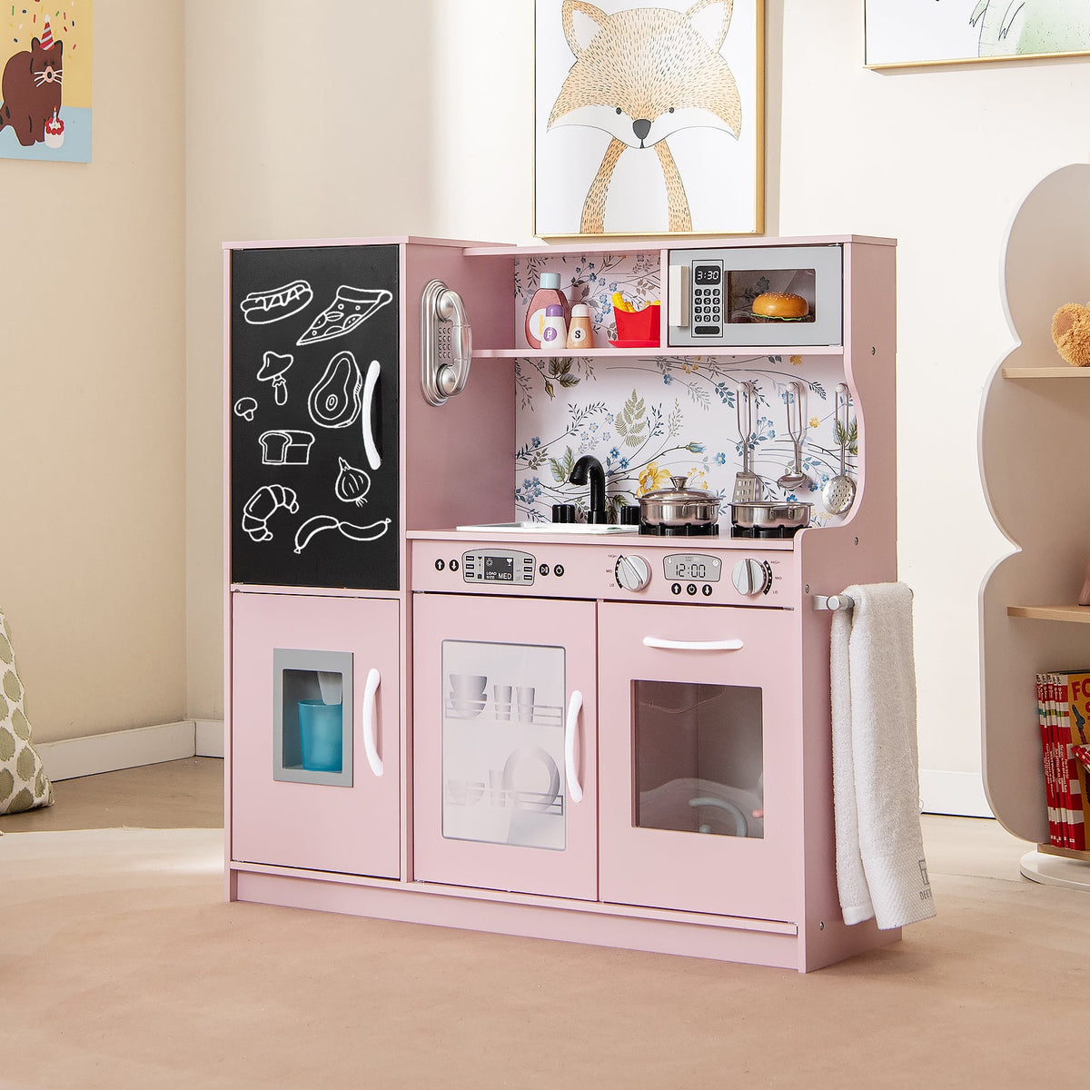 Toddler Pretend Kitchen Playset with Accessories and Simulated Sounds-Cream Pink