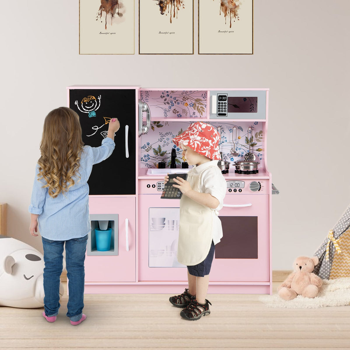 Toddler Pretend Kitchen Playset with Accessories and Simulated Sounds-Cream Pink