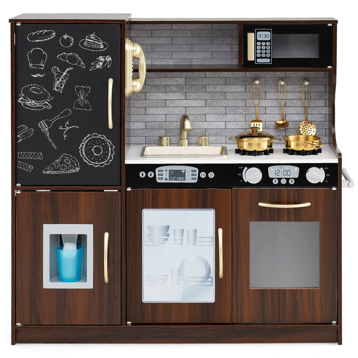 Toddler Pretend Kitchen Playset with Accessories and Simulated Sounds-Rustic Brown
