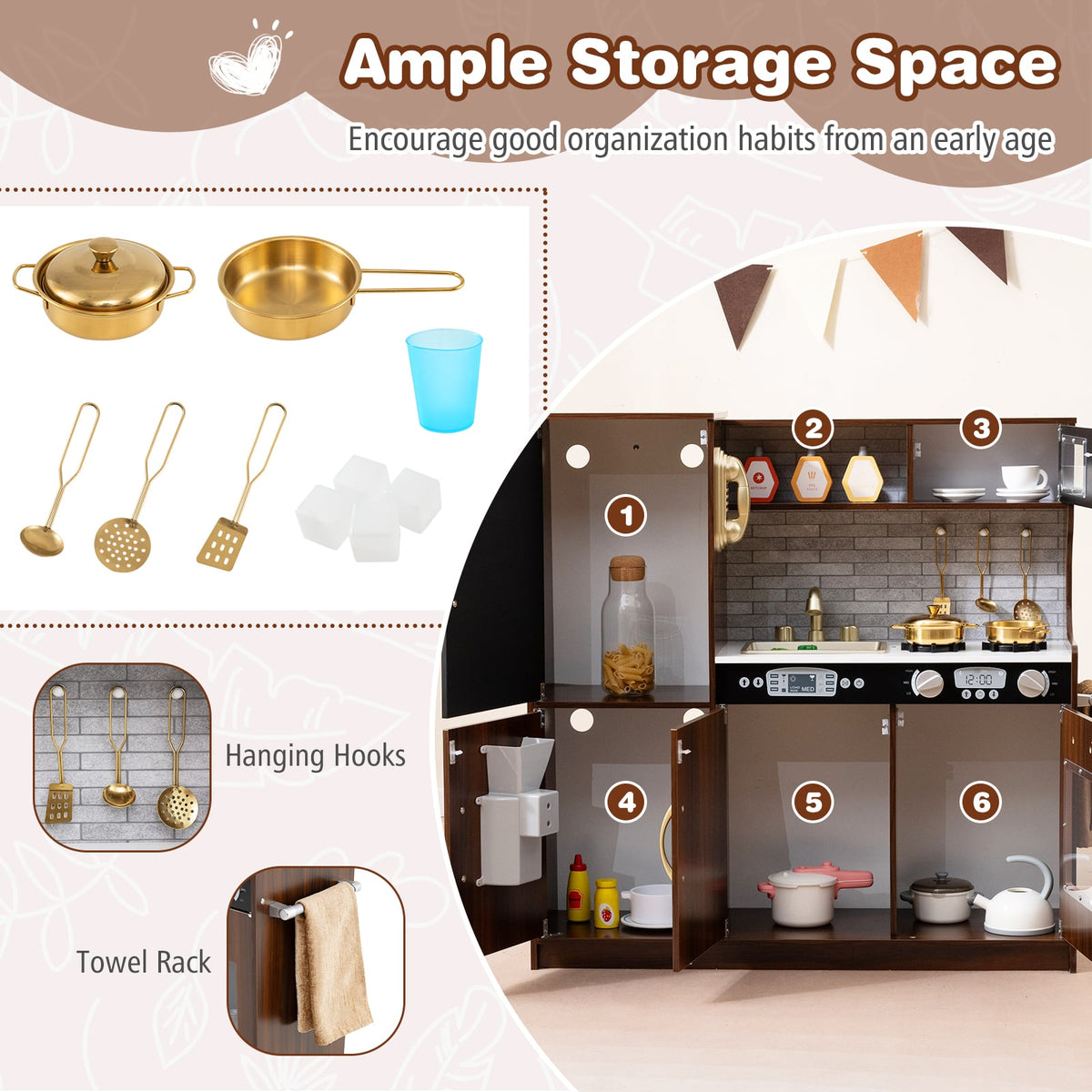Toddler Pretend Kitchen Playset with Accessories and Simulated Sounds-Rustic Brown