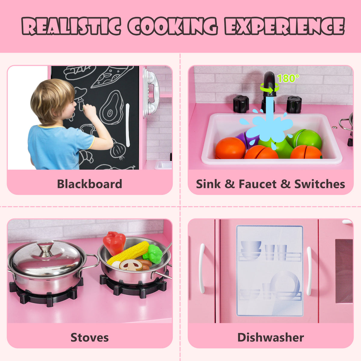 Toddler Pretend Kitchen Playset with Accessories and Simulated Sounds-Pink