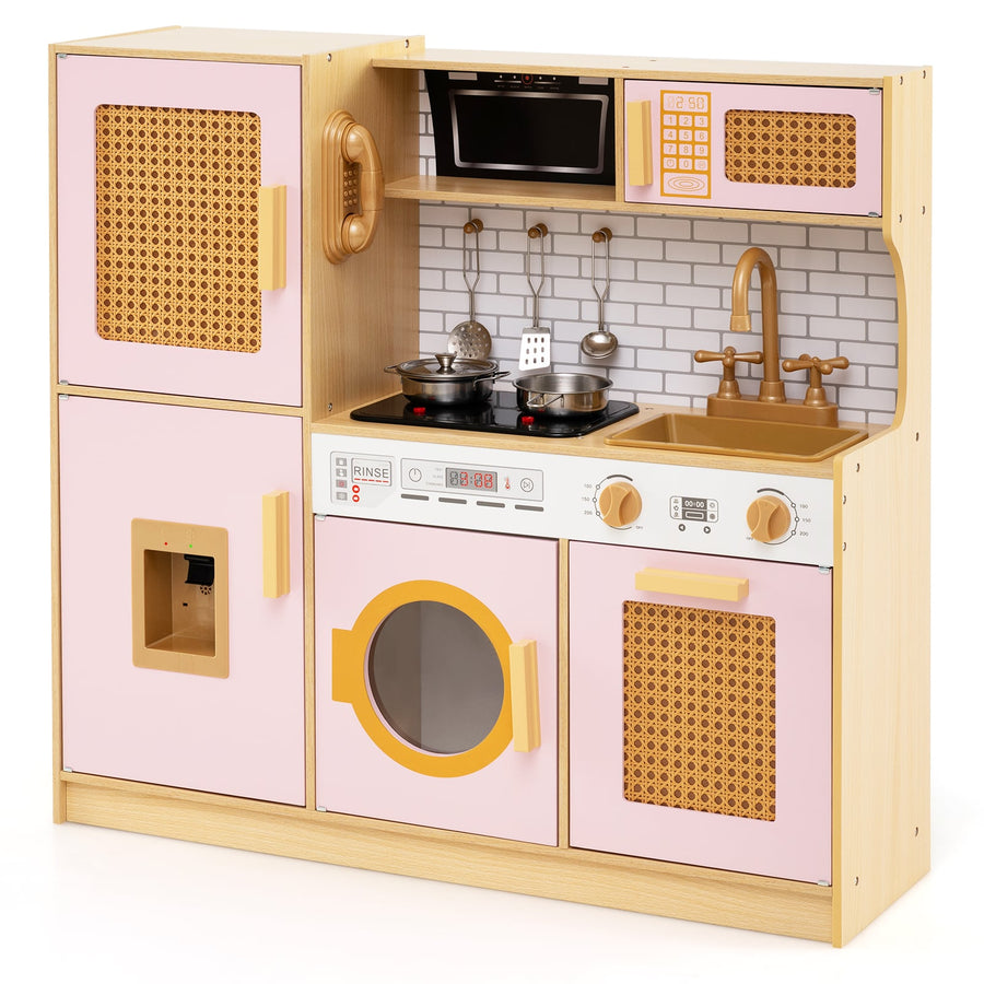Wooden Kids Kitchen Playset with Real Sounds Lights Stove Water Dispenser-Pink