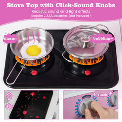 Pretend Play Kitchen with Ice Maker and Cooking Stove for Kids-Pink
