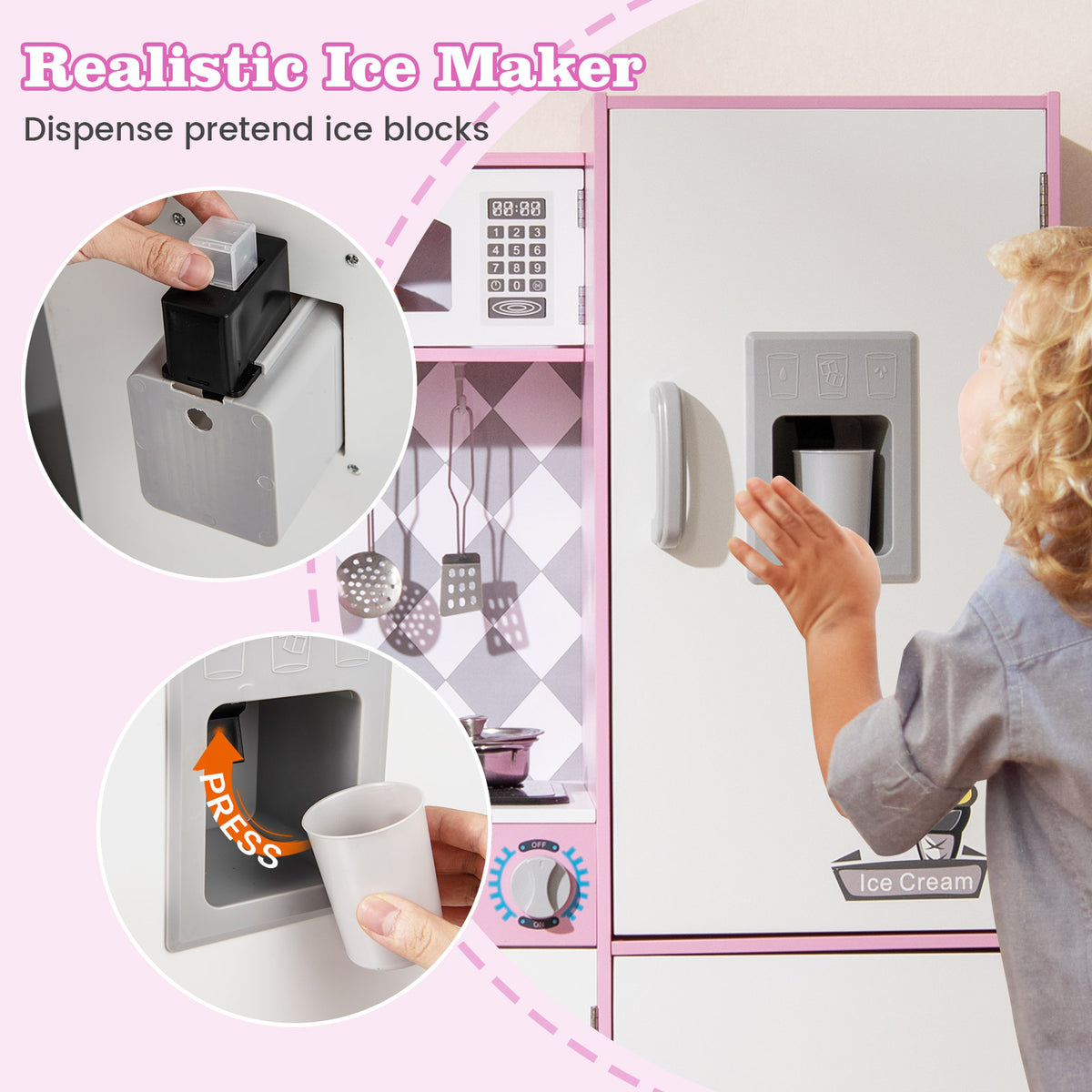 Pretend Play Kitchen with Ice Maker and Cooking Stove for Kids-Pink