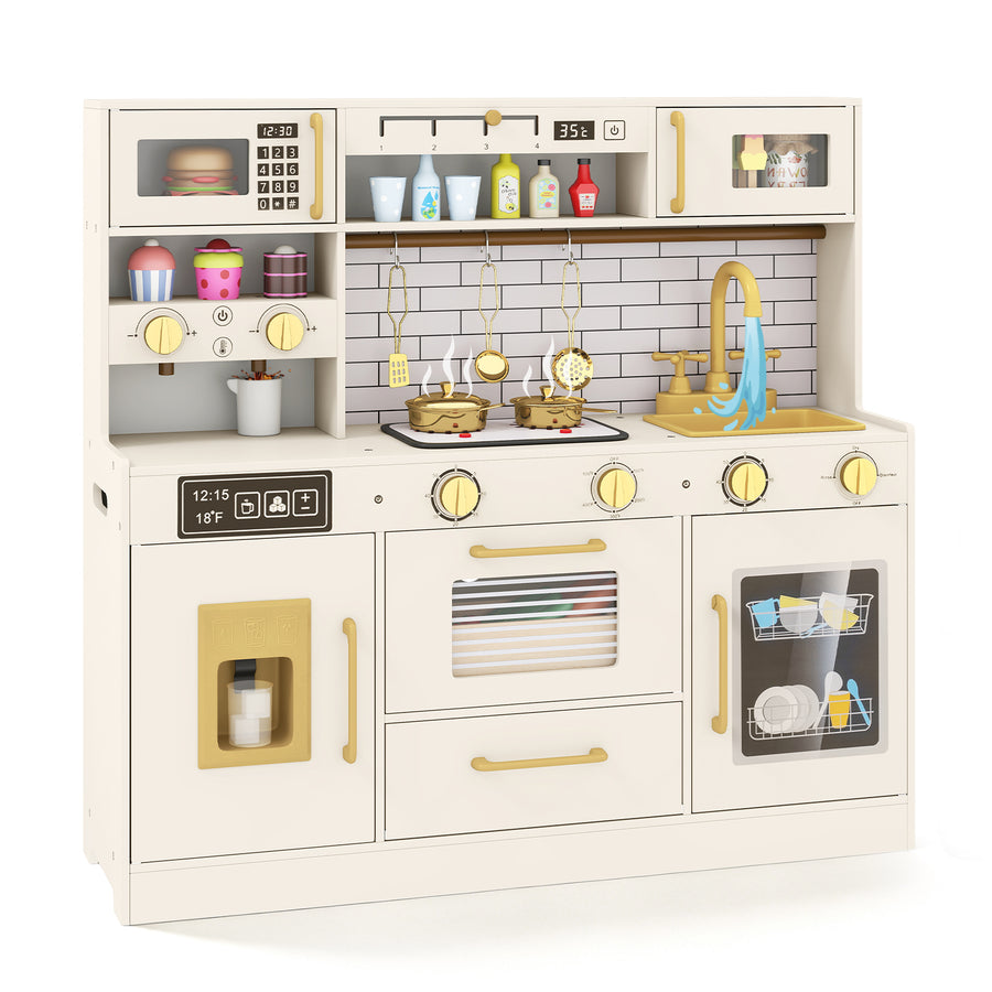 Pretend Toy Kitchen Set with Ice Dispenser and Water Dispenser-Beige