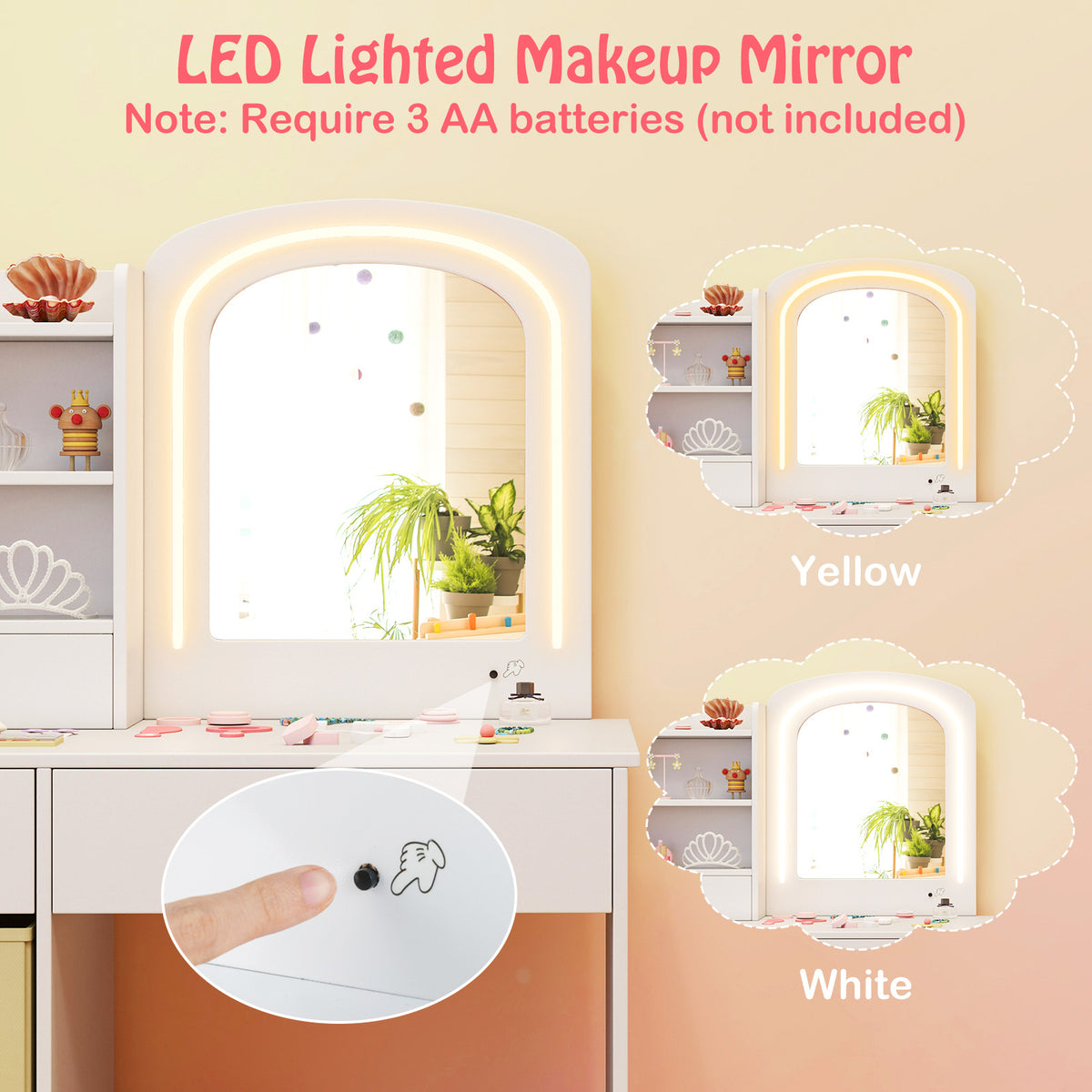 Kids Vanity Set with Lighted Mirror and Storage Drawers-White