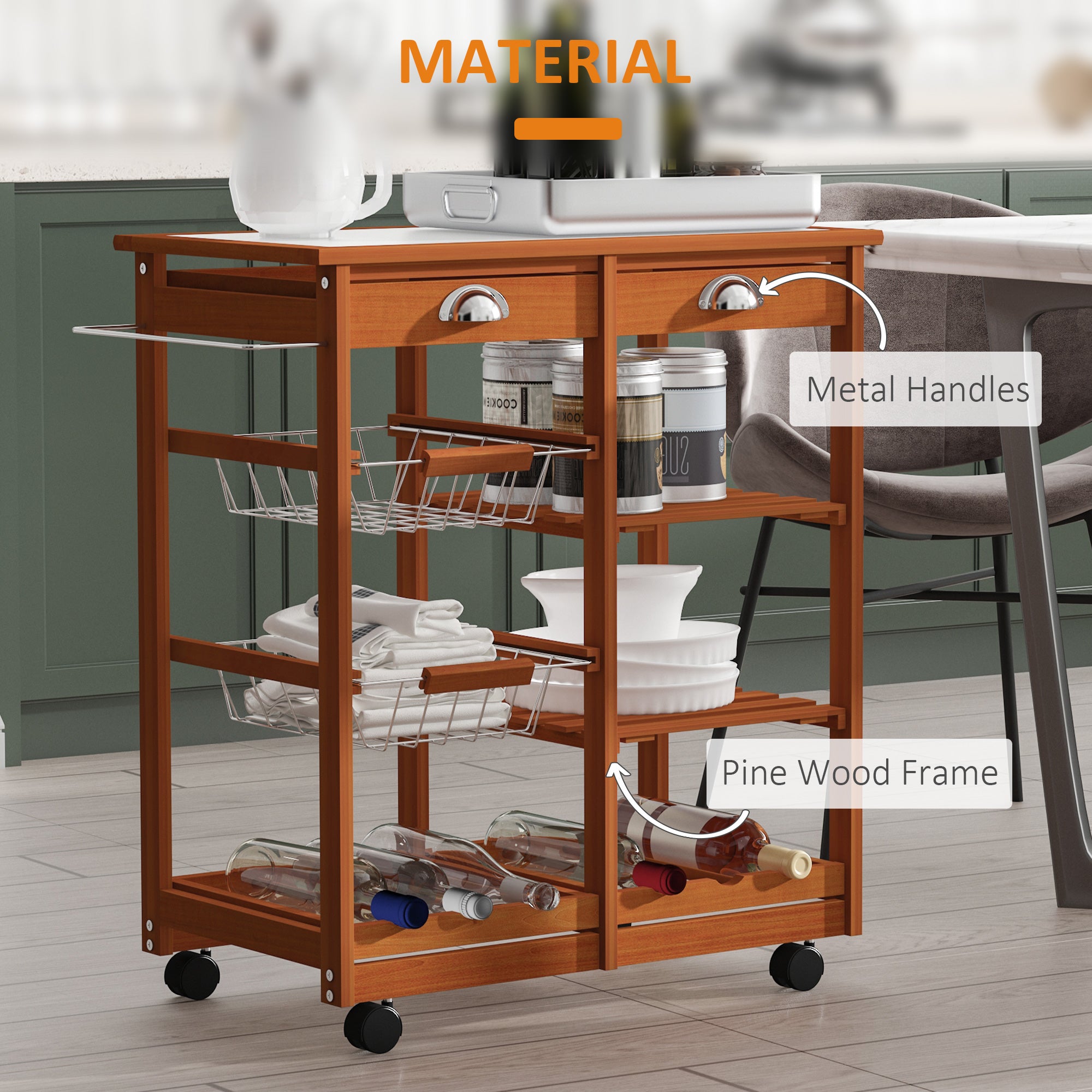 HOMCOM Rolling Kitchen Island Trolley Cart Drawer Shelves Basket Wheels W/ 6 Bottle Wine Rack, Honey Colour