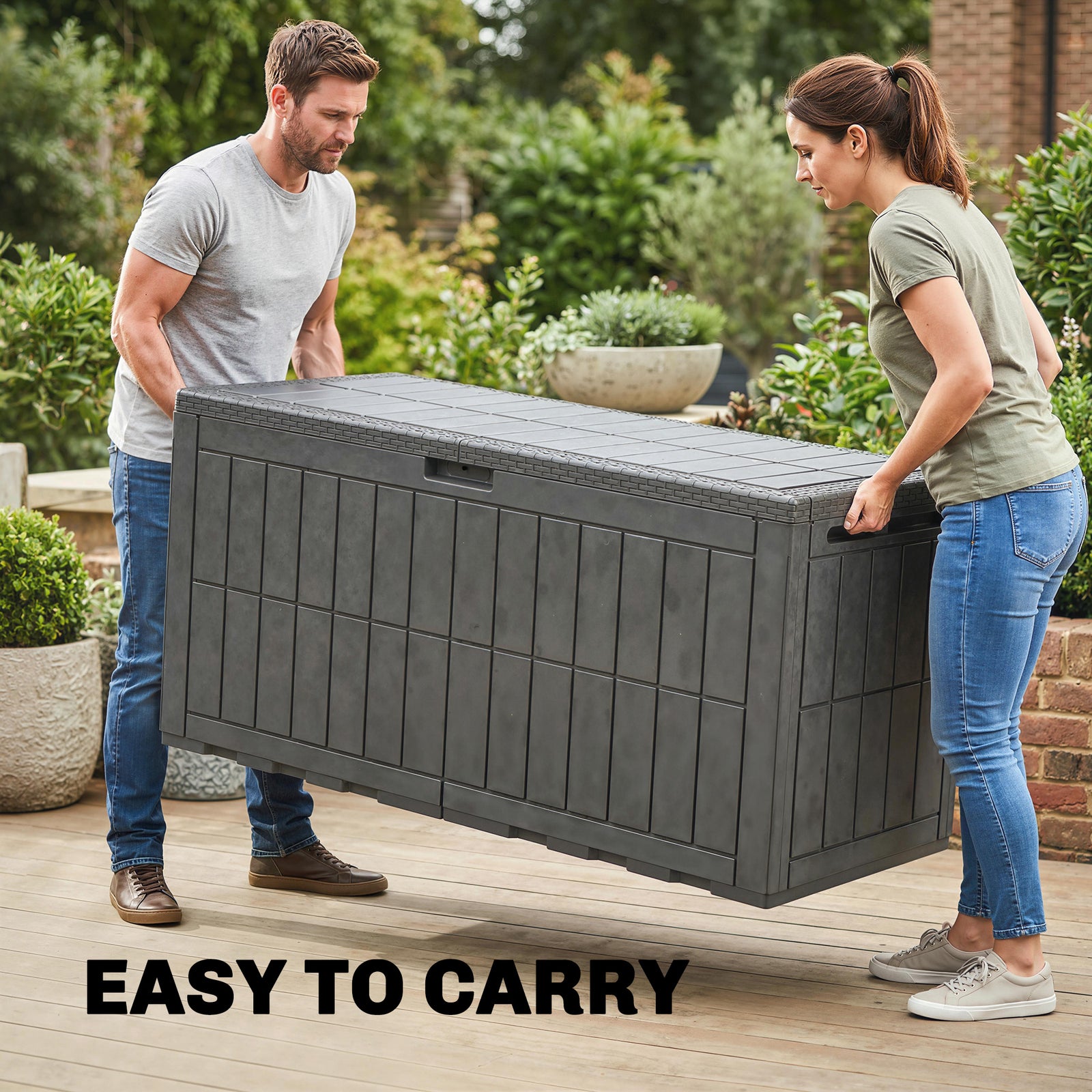 Outsunny 440L Garden Storage Box, Waterproof & UV Resistant Resin Deck Box with Lockable Lid, Pneumatic Gas Rods, Side Handles