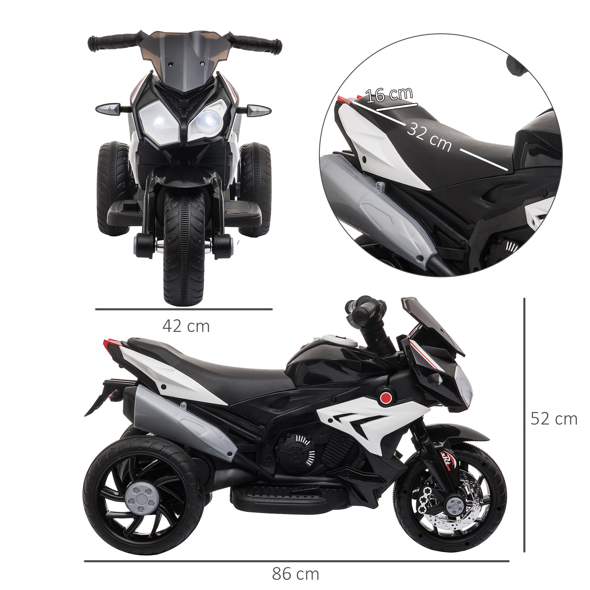 HOMCOM Kids Electric Motorcycle Ride-On Toy, with Three Wheels, Music, Horn, Lights