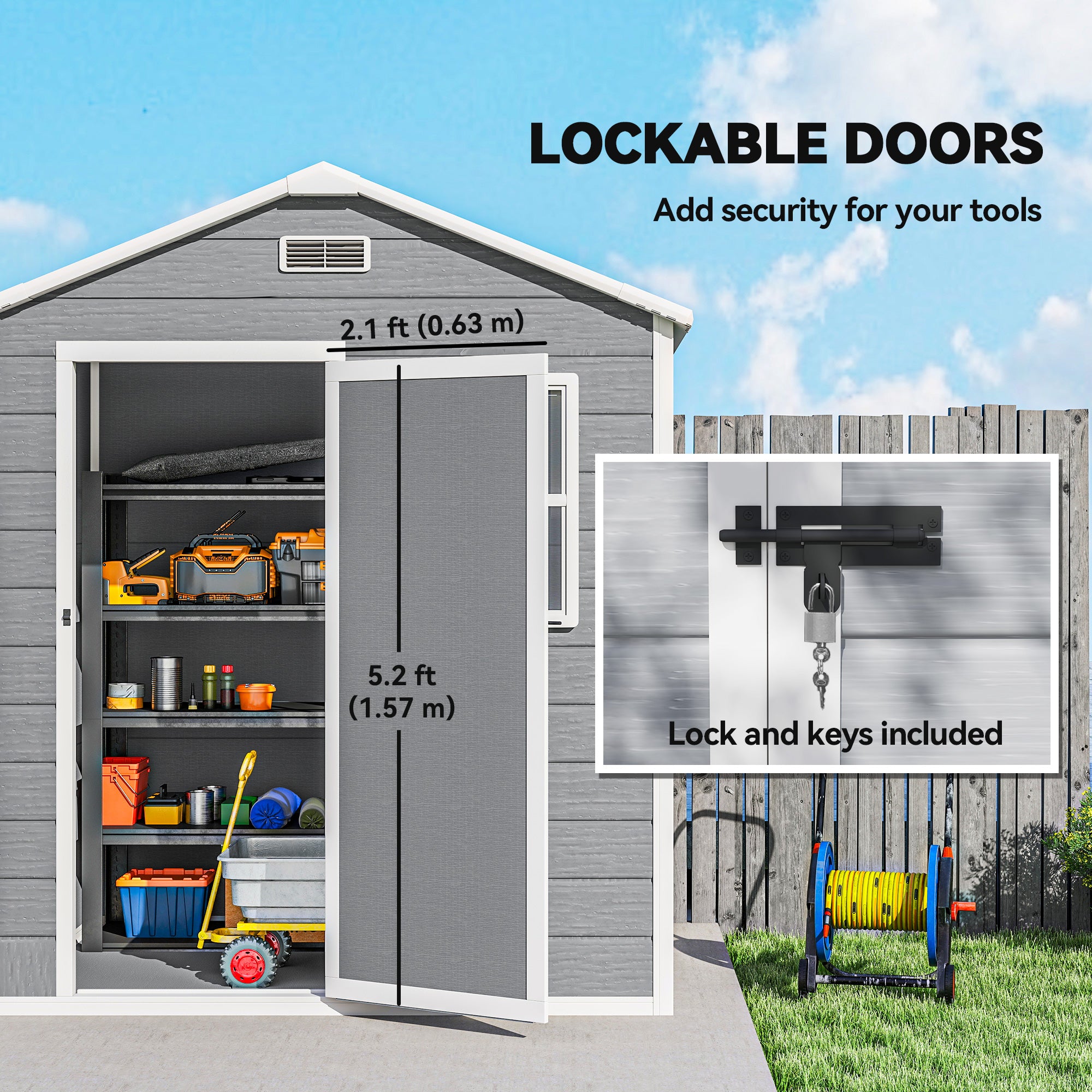 Outsunny 6 x 4ft Garden Shed, Plastic Shed with Floor, Window, Lockable Door and Vents, Wood Effect Resin Tool Shed for Outdoor, Grey