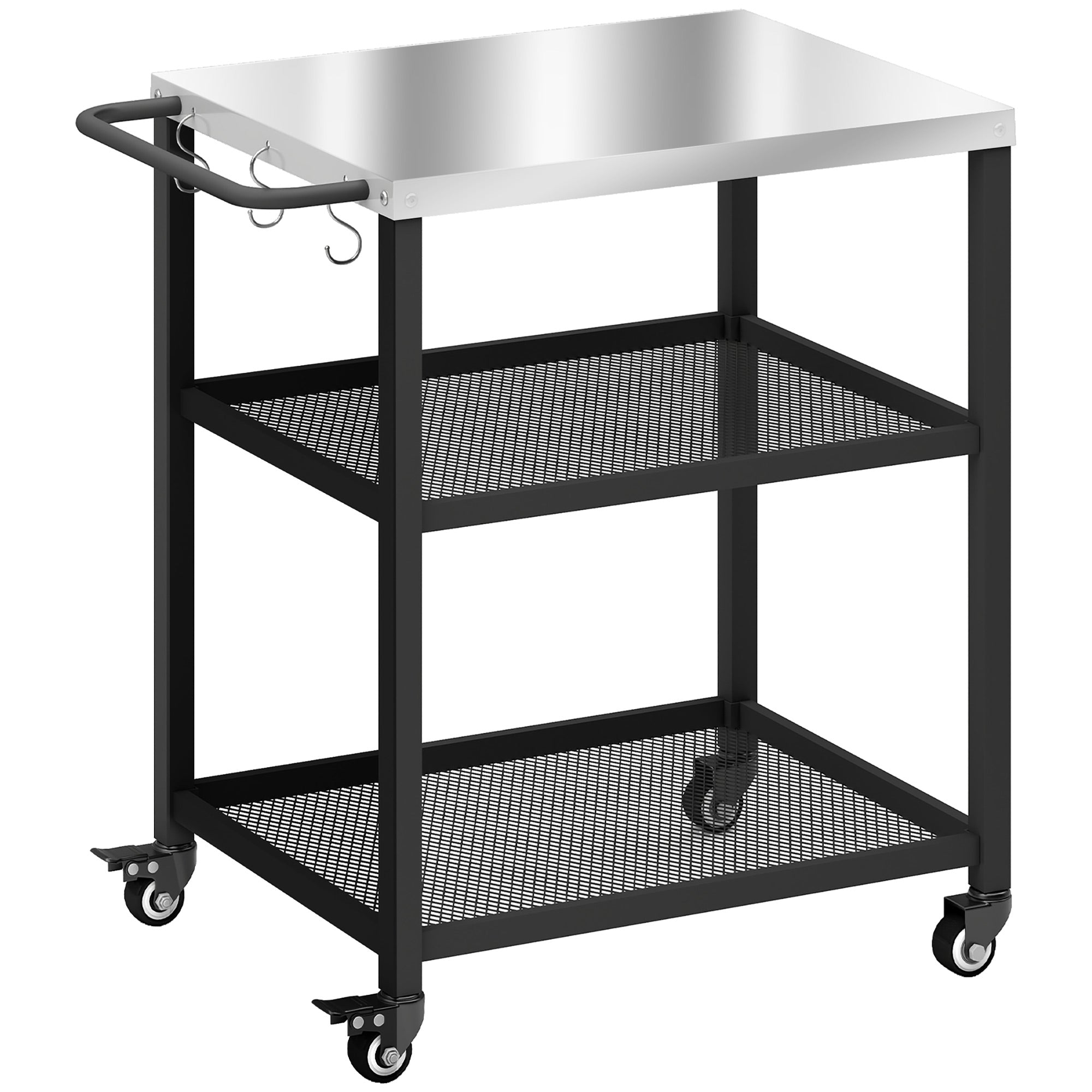 Outsunny Outdoor Grill Cart with Stainless Steel Tabletop, 3-Tier Pizza Oven Stand with Adjustable Shelf, Hooks, Wheels, Black