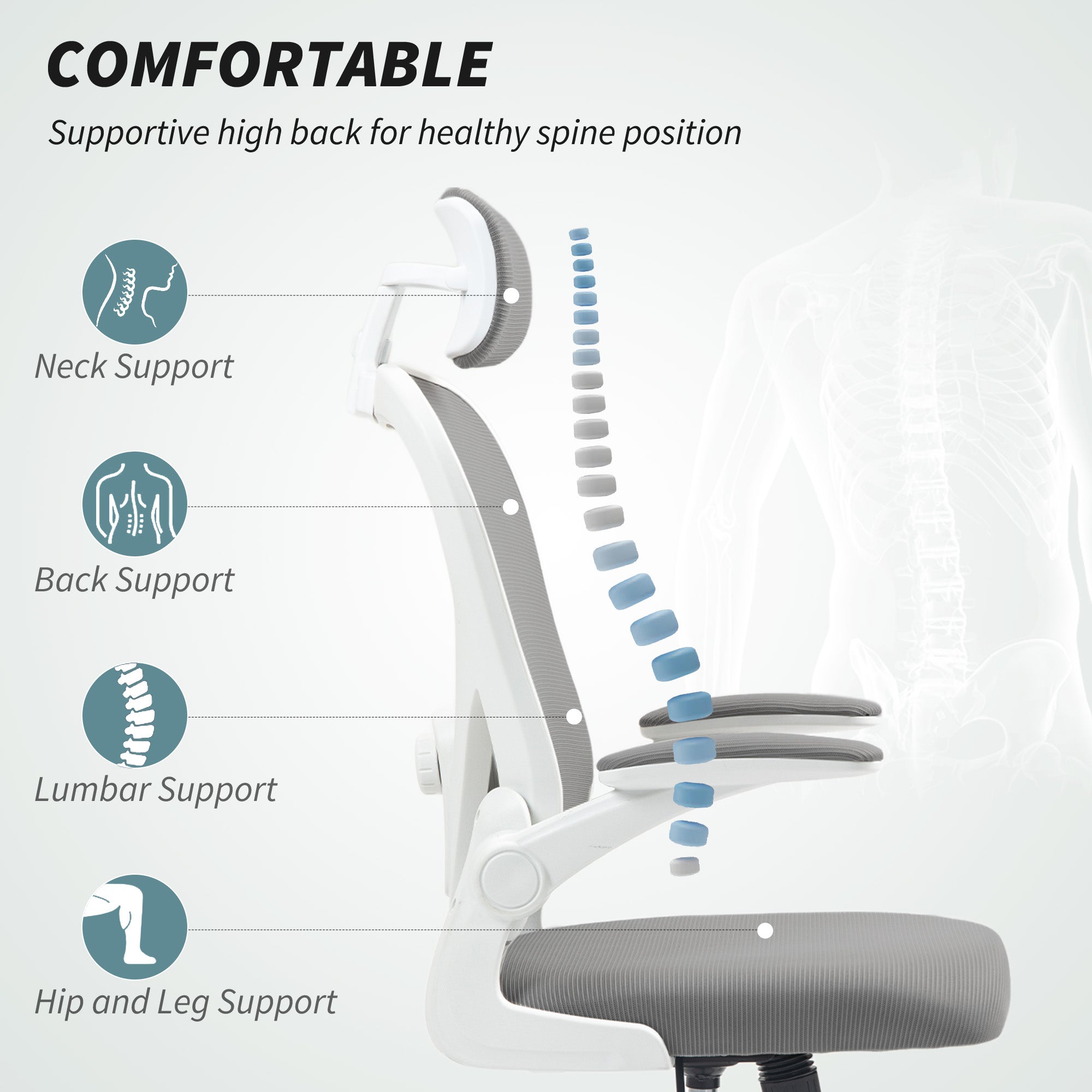 HOMCOM Executive Office Chair, Ergonomic Mesh High Back Desk Chair with Flip-up Armrest, Rotatable Headrest, Adjustable Lumbar Support for Home Study, Grey