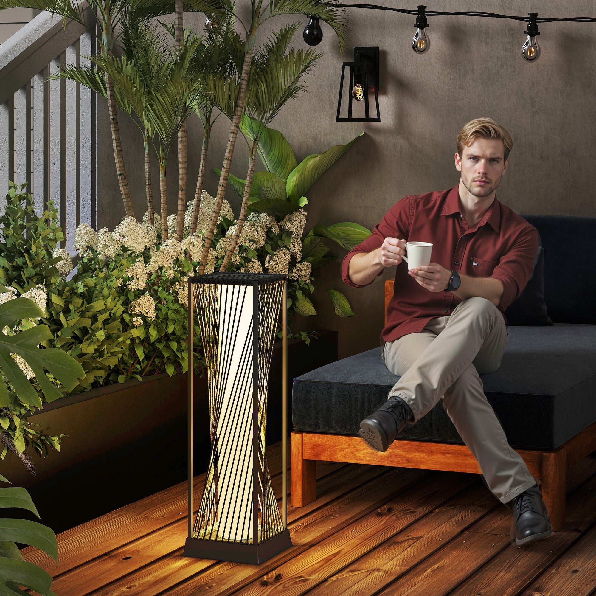 Outsunny Garden Rattan Lamp, 77 cm Tall Solar Rattan Floor Lamp, Solar Garden Light with Auto On/Off LED Lights, IP44 Waterproof for Outdoor, Porch, Pathway, Deck, Grey