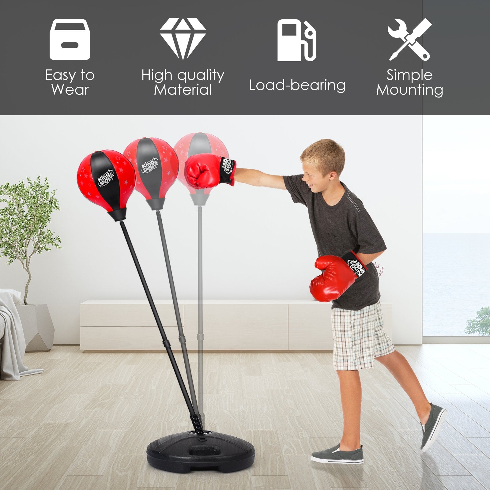 Kids Standing Punching Bag with Stand and Gloves-Red and Black