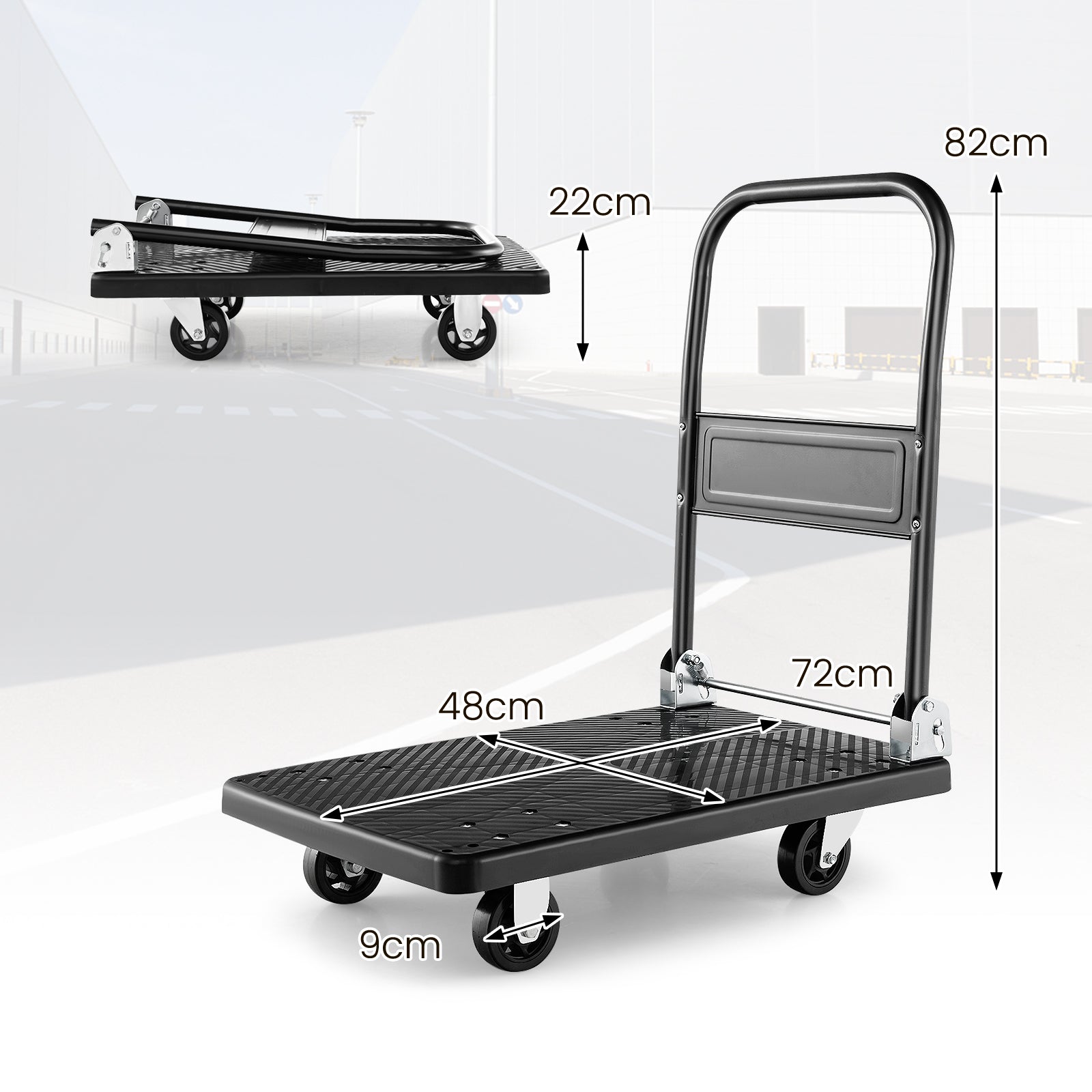 Push Cart Dolly with 400kg Weight Capacity and 360¬∞ Swivel Wheels-Black
