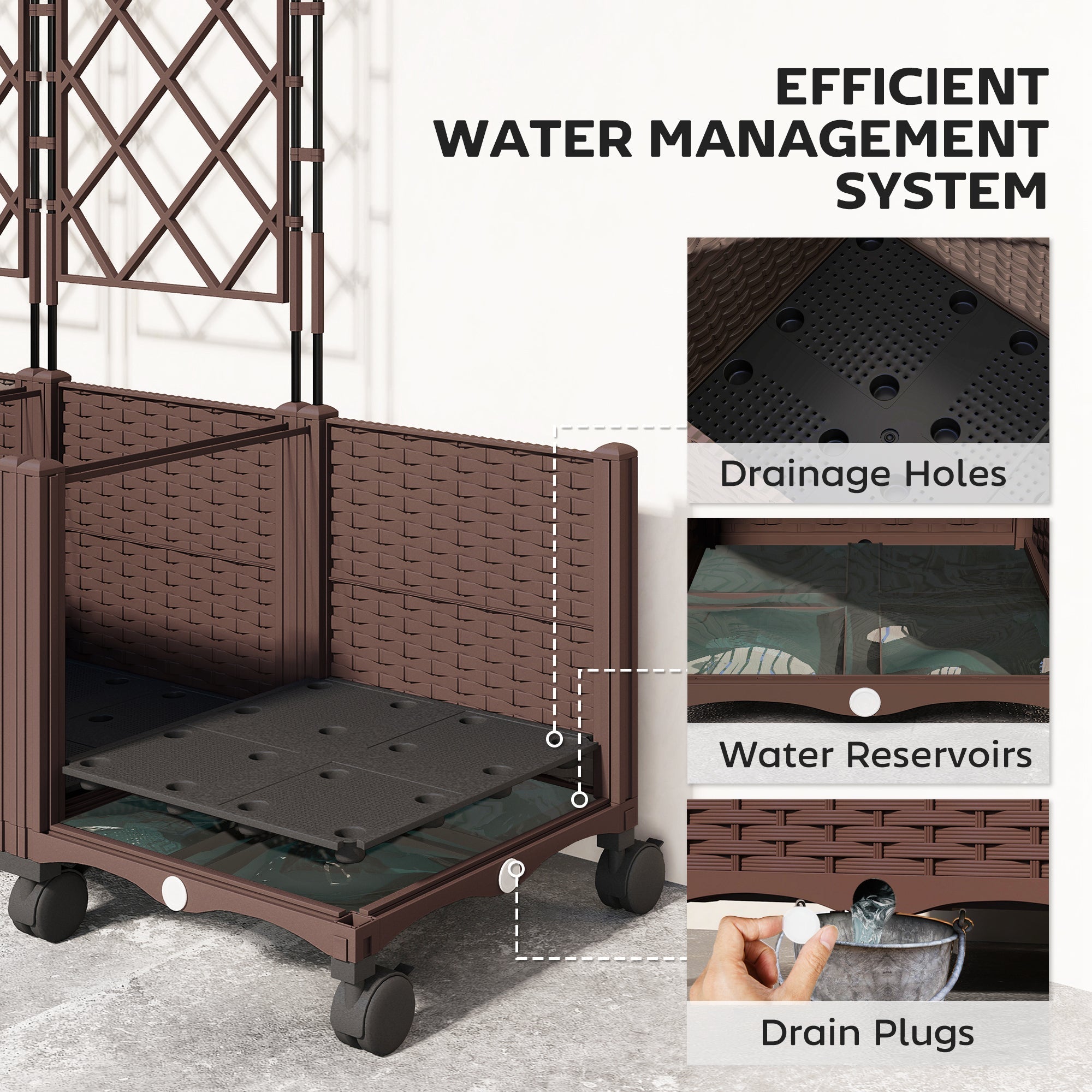 Outsunny Plastic Raised Planter with Trellis, Self Watering Raised Bed for Garden with Wheels, Drainage Holes and Plugs