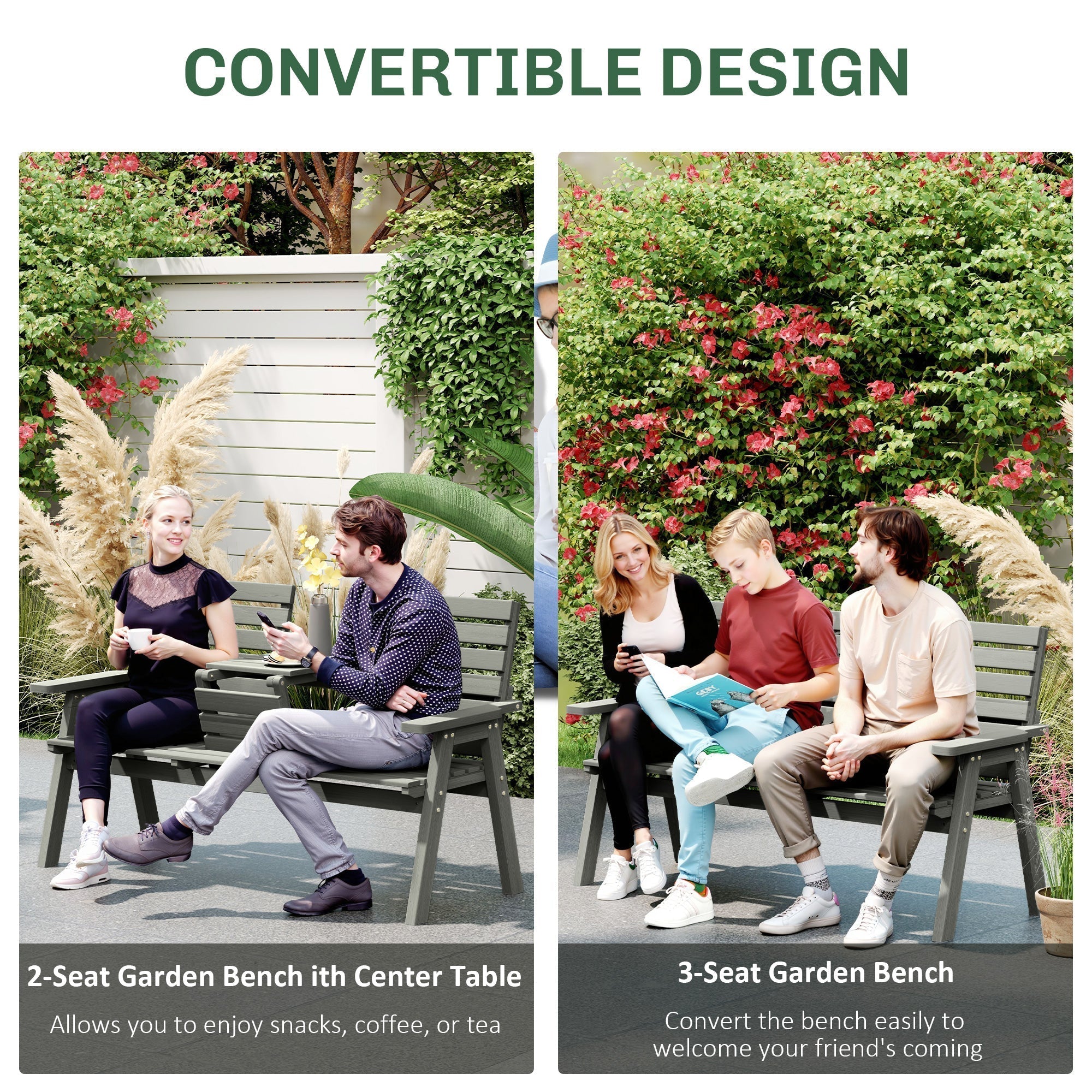 Outsunny Fir Wood Convertible 2 to 3 Seater Outdoor Garden Bench Grey