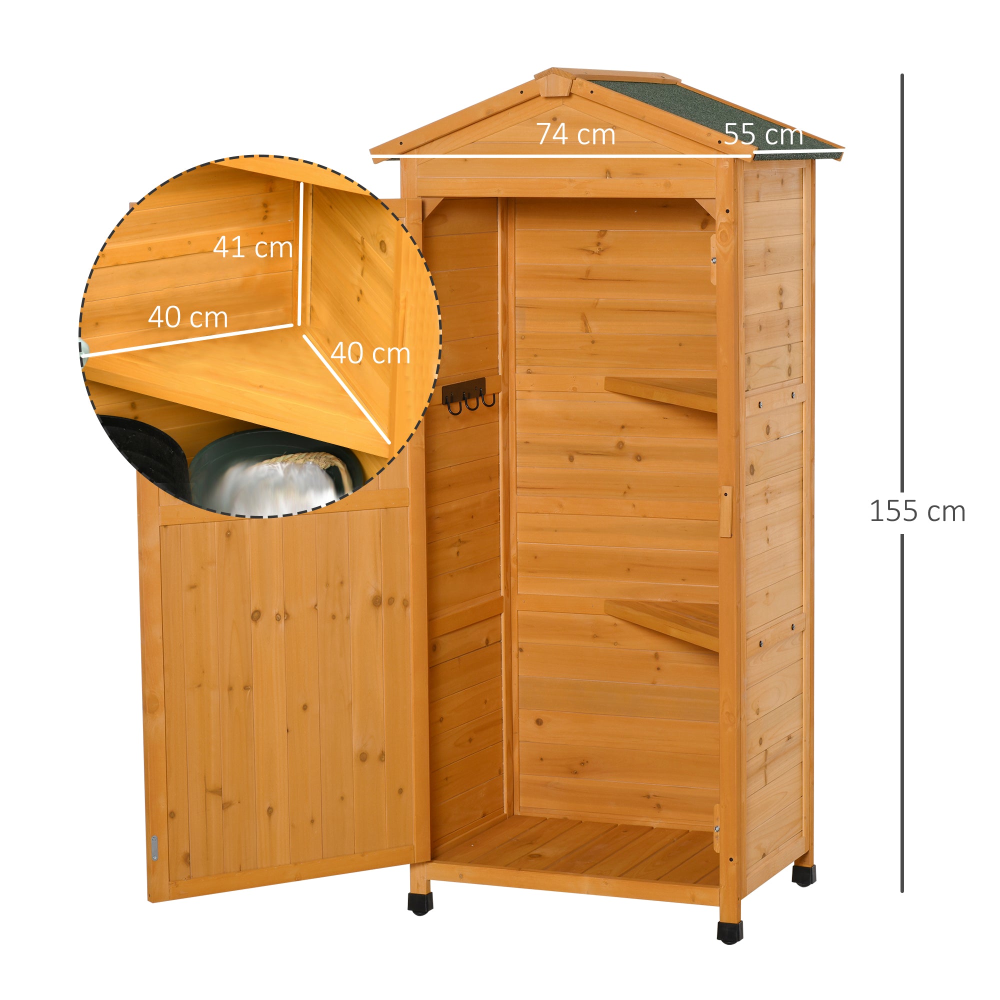 Outsunny Wooden Garden Shed, Outdoor Storage Cabinet with 2 Shelves and Hooks, Locking Organiser Outdoor Narrow Tool House, 74x55x155cm, Yellow
