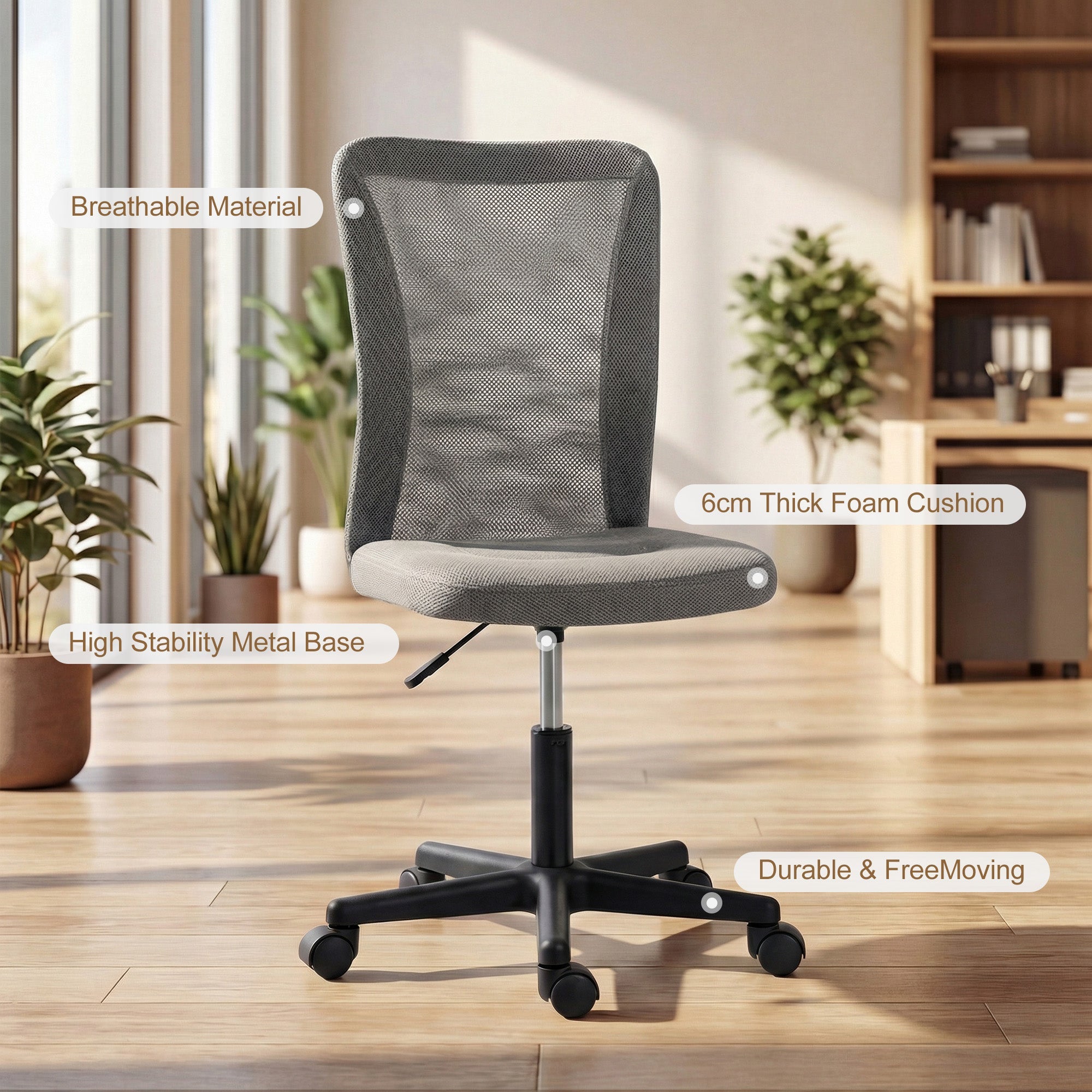 Vinsetto Computer Desk Chair, Mesh Office Chair with Adjustable Height and Swivel Wheels, Armless Study Chair, Grey