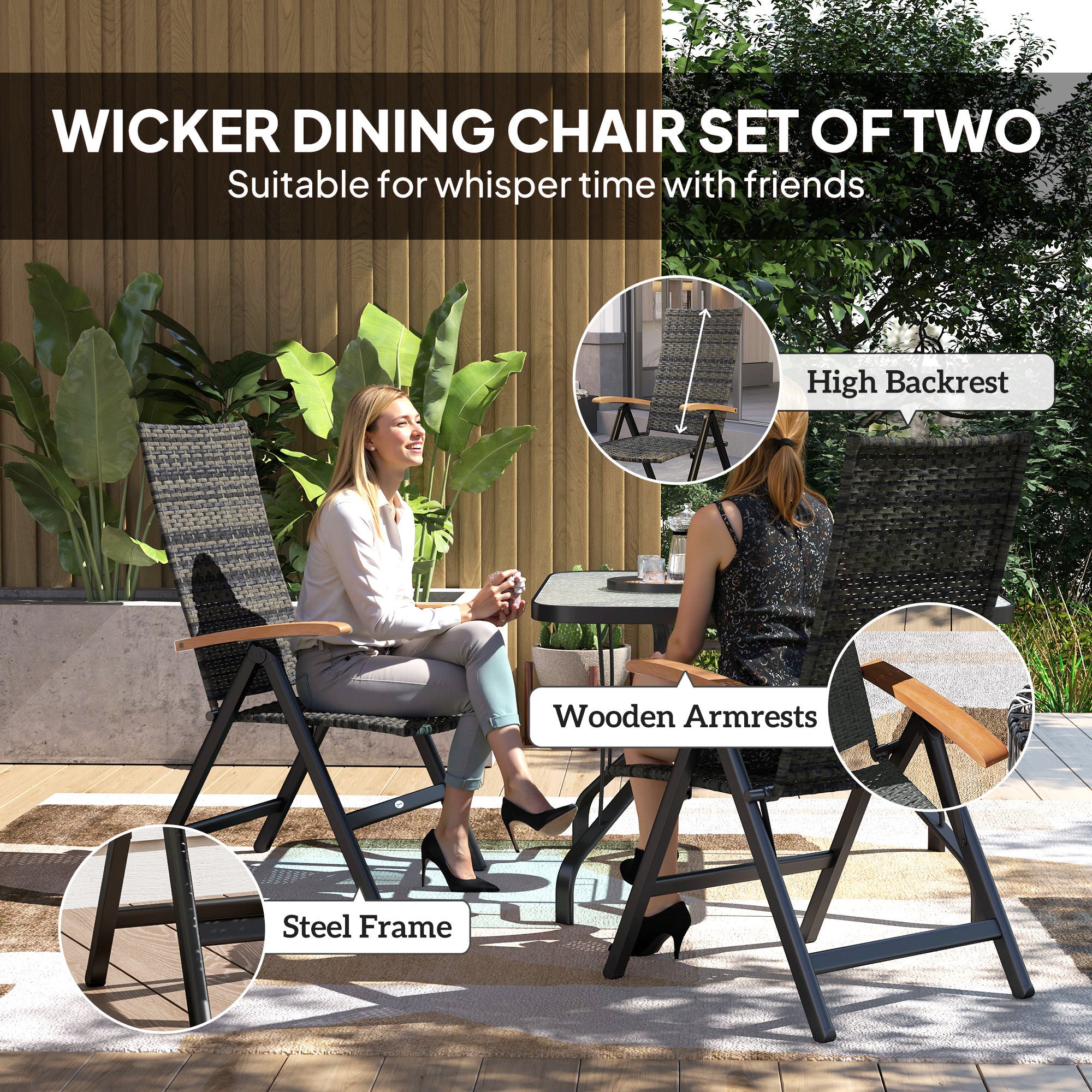 Outsunny 2 Pieces Folding Rattan Garden Dining Chairs with 5-level Reclining High Back, Wood Armrests for Outdoor - Mixed-grey