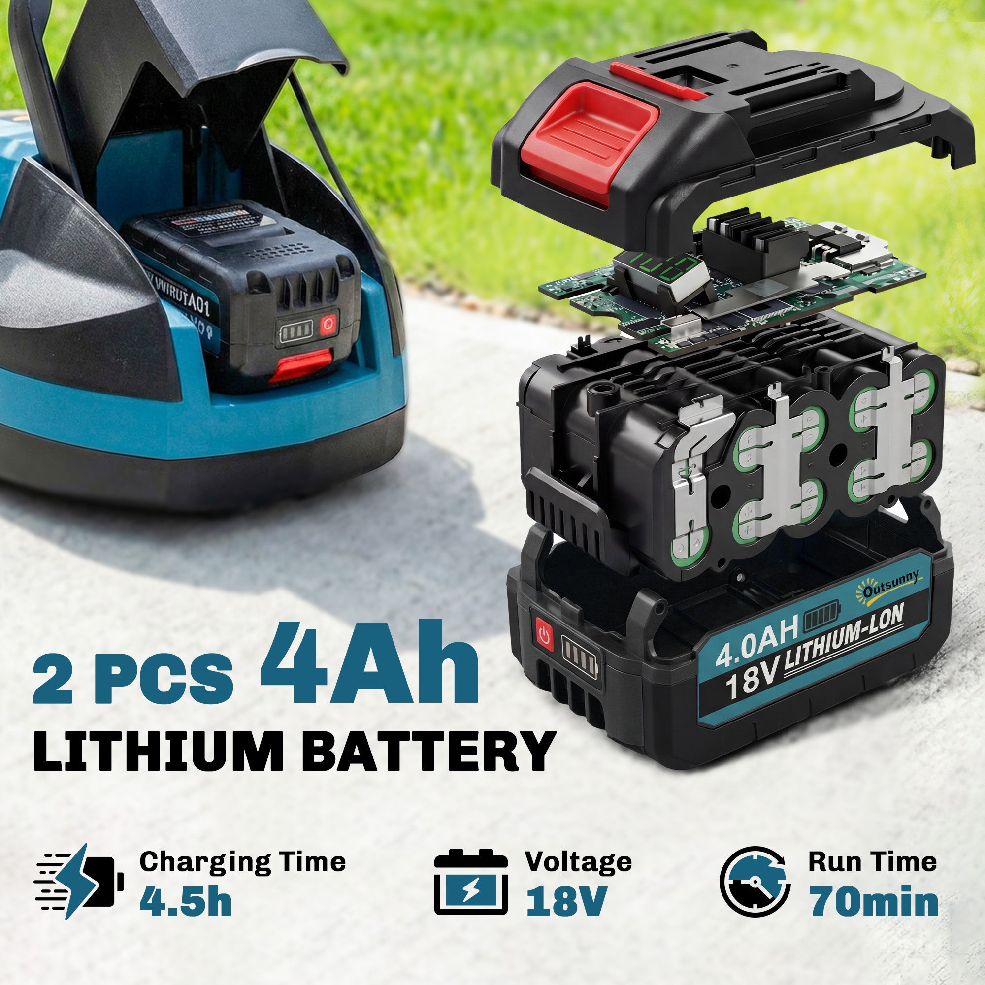 Outsunny 18V Cordless Lawnmower with 2 x 4Ah Batteries & Charger, Battery Lawn Mower with 21cm Cutting Width, 3 Cutting Heights