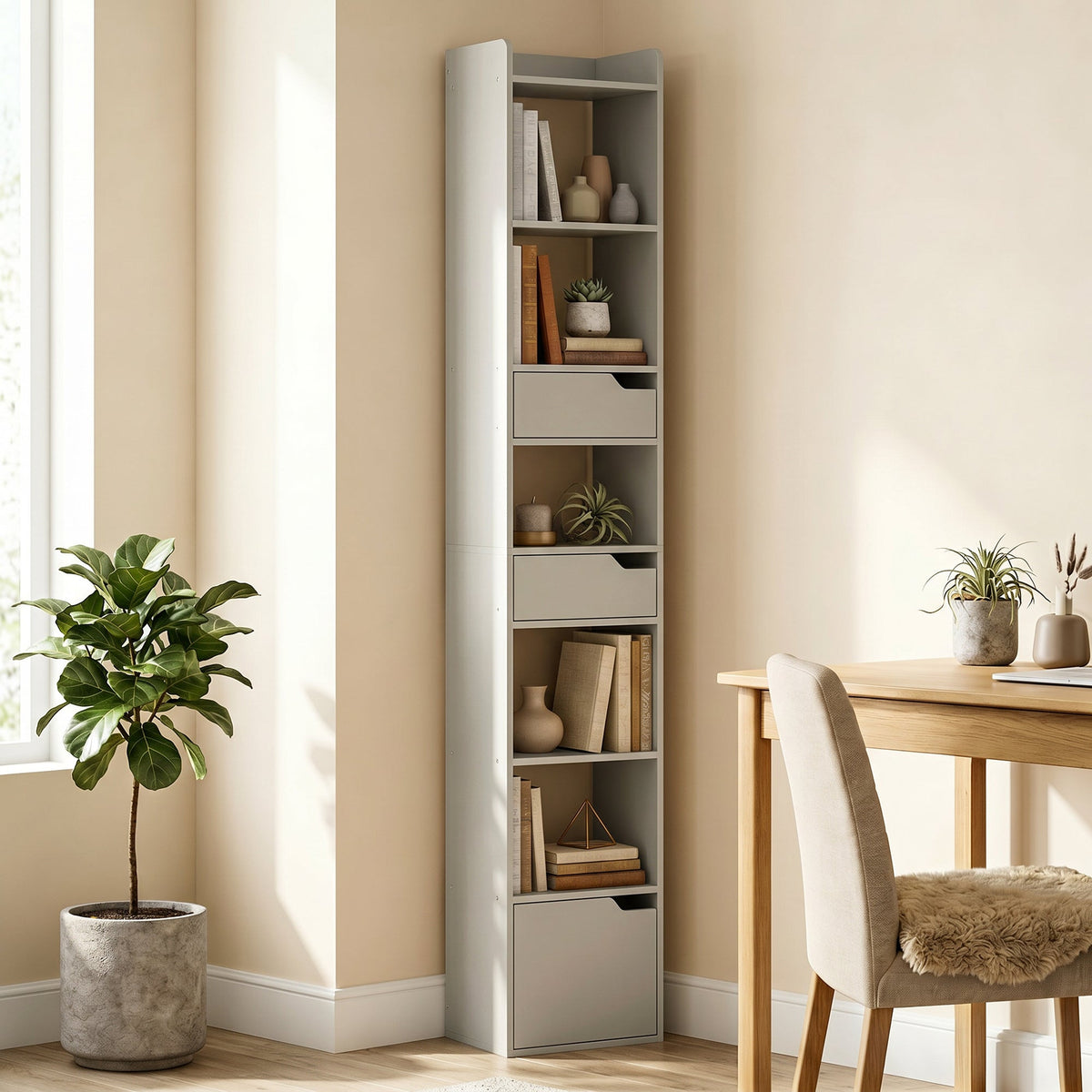 HOMCOM Bookcase Tall Narrow with 5 Tiers and Drawers Freestanding Bookshelf Storage Cabinet for Living Room Grey