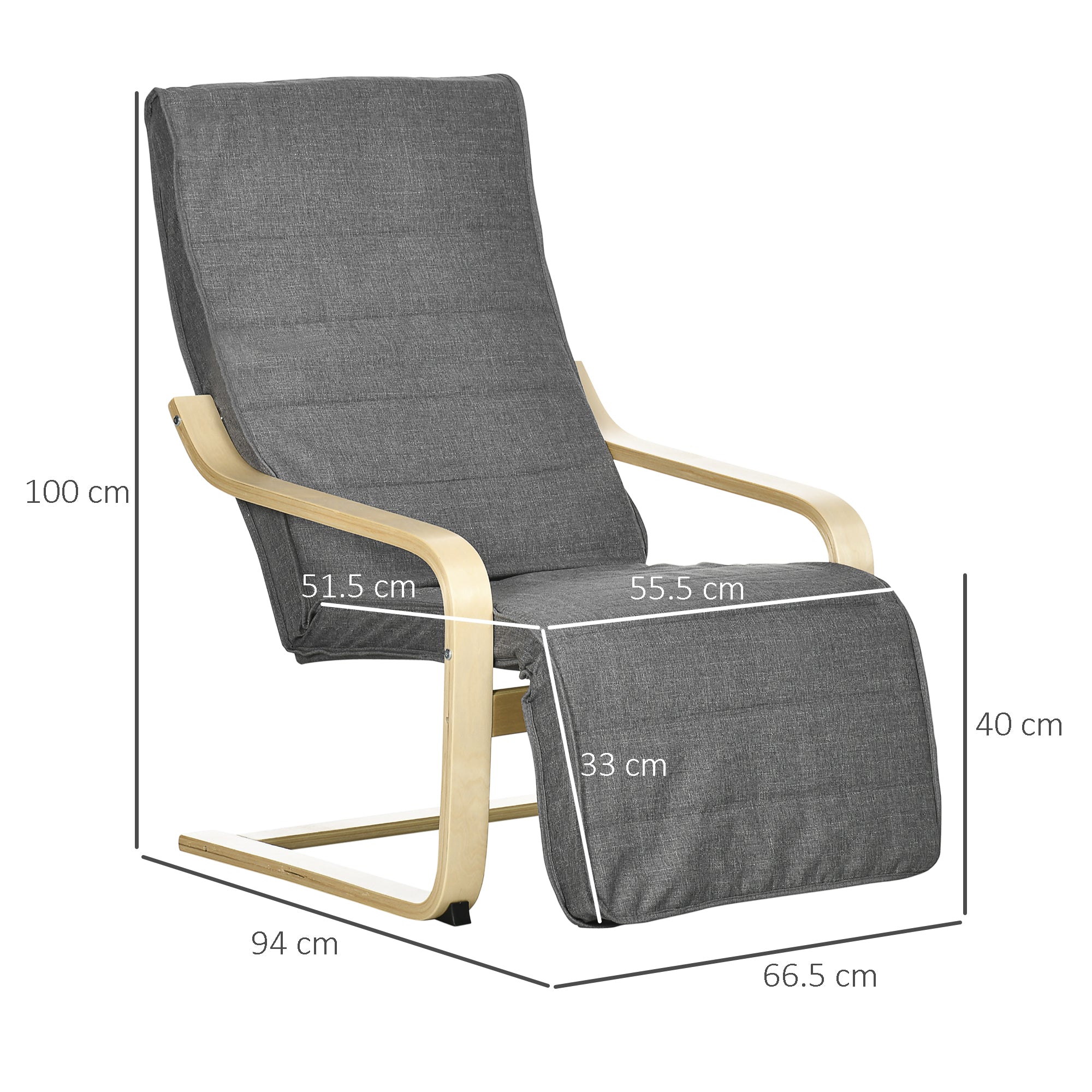 HOMCOM Wooden Armchair, Upholstered Linen Lounge Chair with Adjustable Footrest & Removable Cushion, Poang Chair for Living Room, Dark Grey