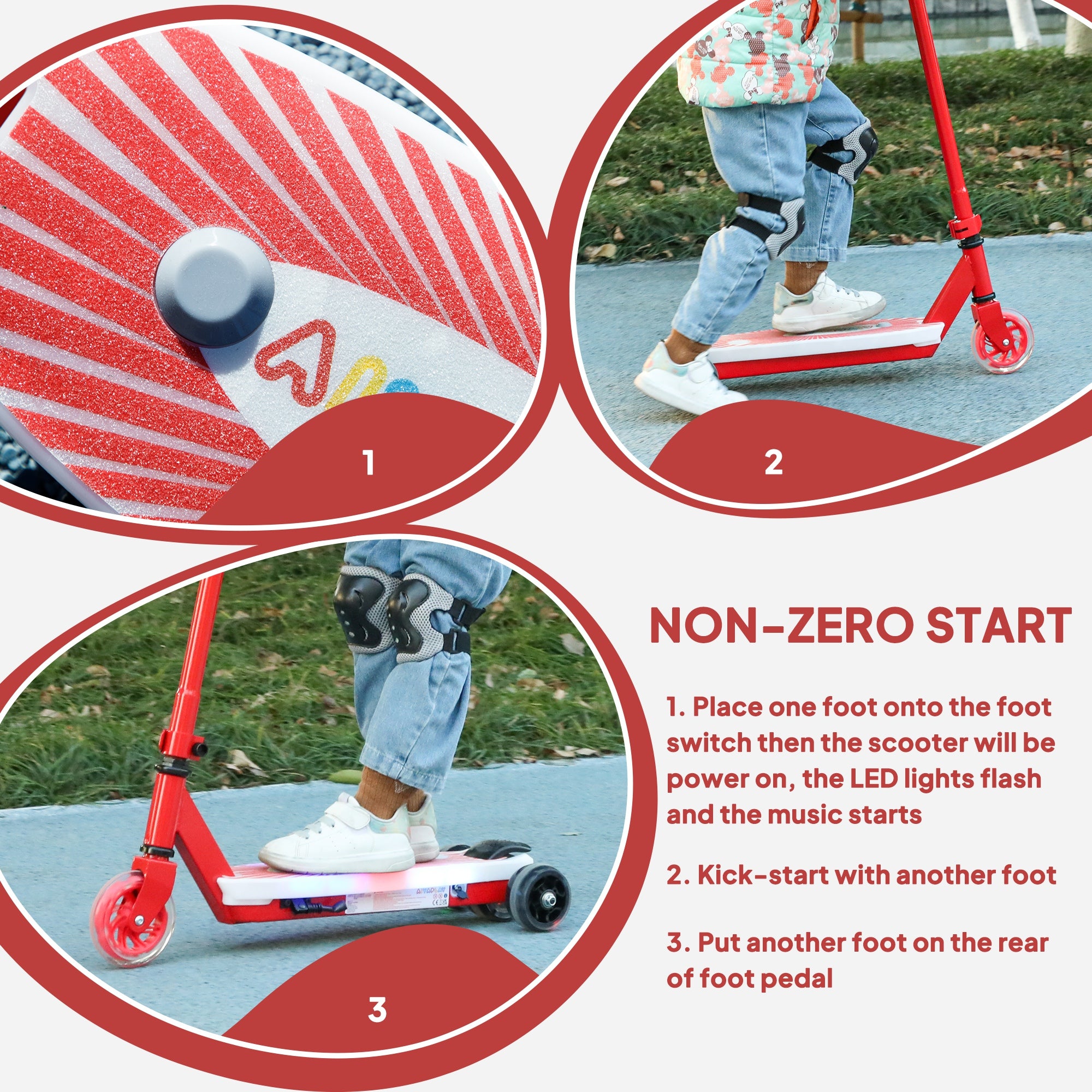 AIYAPLAY Electric Scooter for Kids Aged 4-7 Years, with Flashing LED Lights, Rear Auxiliary Wheels, Red